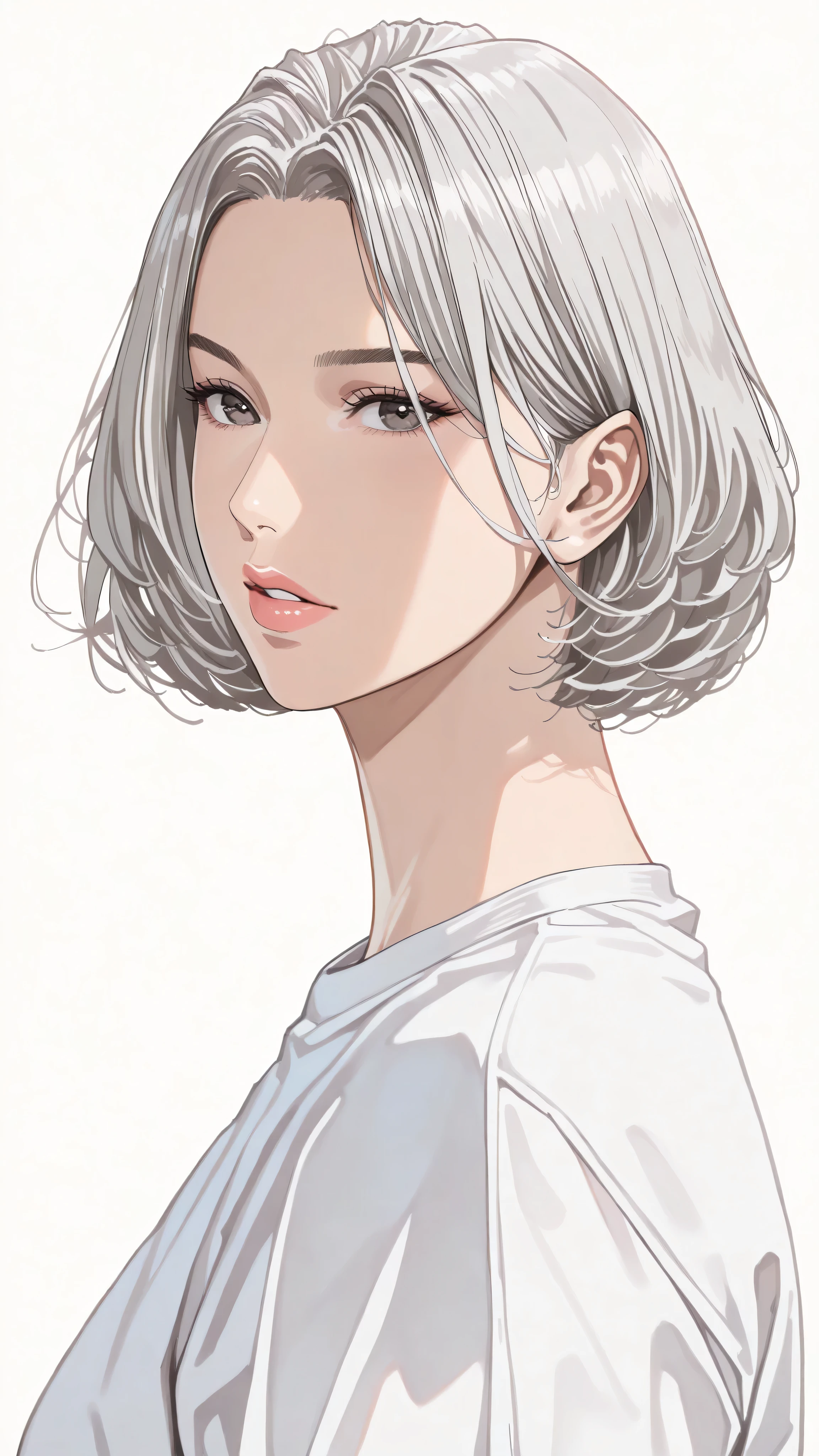 sideview,solo,girl,white frizzy+ spiky+ wavy short hair,parted bangs,white color streaked gray hair,t-shirts,natural cosmetic,adult cute face,full lips,(lineart),sketch,slam dunk style,mono,(looking at viewer:1.3),white background,manga style