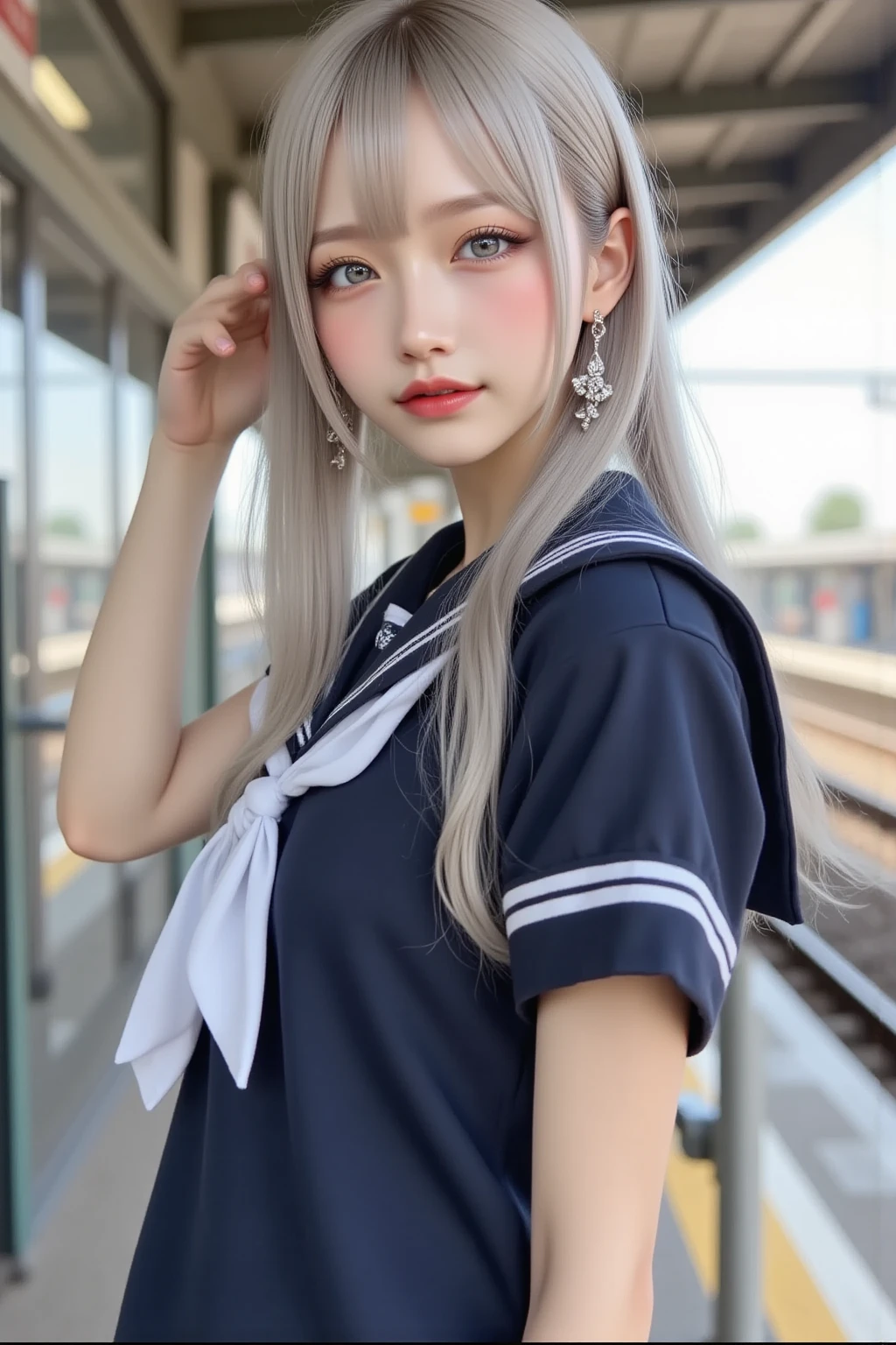 photorealistic, high resolution, 1 girl, gray hair, korean, heterochromic eyes, small moles under eyes, big, blonde, beach, outdoor, one side up, huza, black skirt, wharf, school uniform, 25 years old