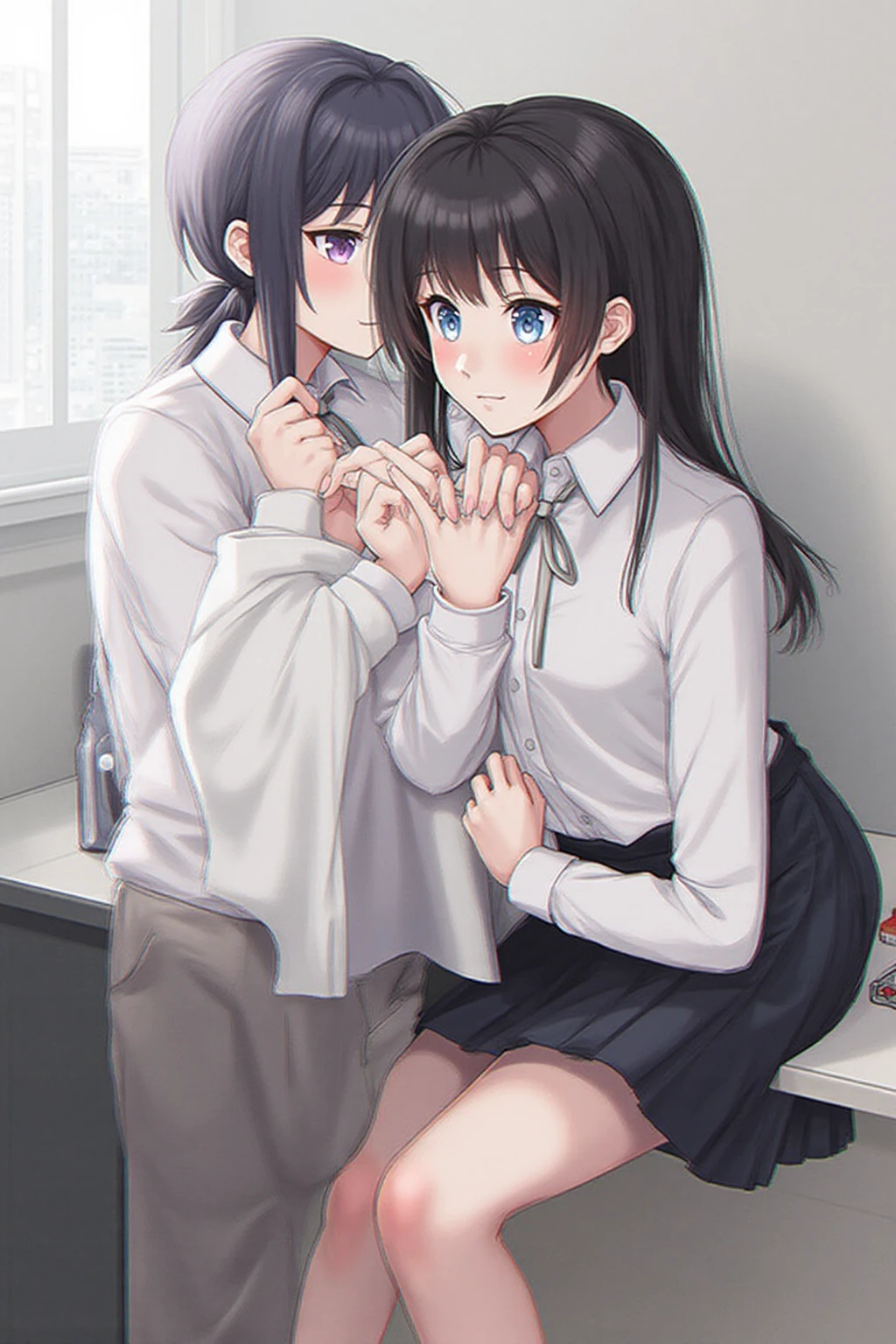 18-year-old ，cute，Wear a white long-sleeved shirt and a black work tie，Wear black pants，Wear black booties，Wear white gloves，wear cat ear，Black hair，Black eyes，Very thin waist，Very thin legs，Handsome，Disdainful and cold expression，shy，blush，Sweating，，Is giving  assault，Glove removal action