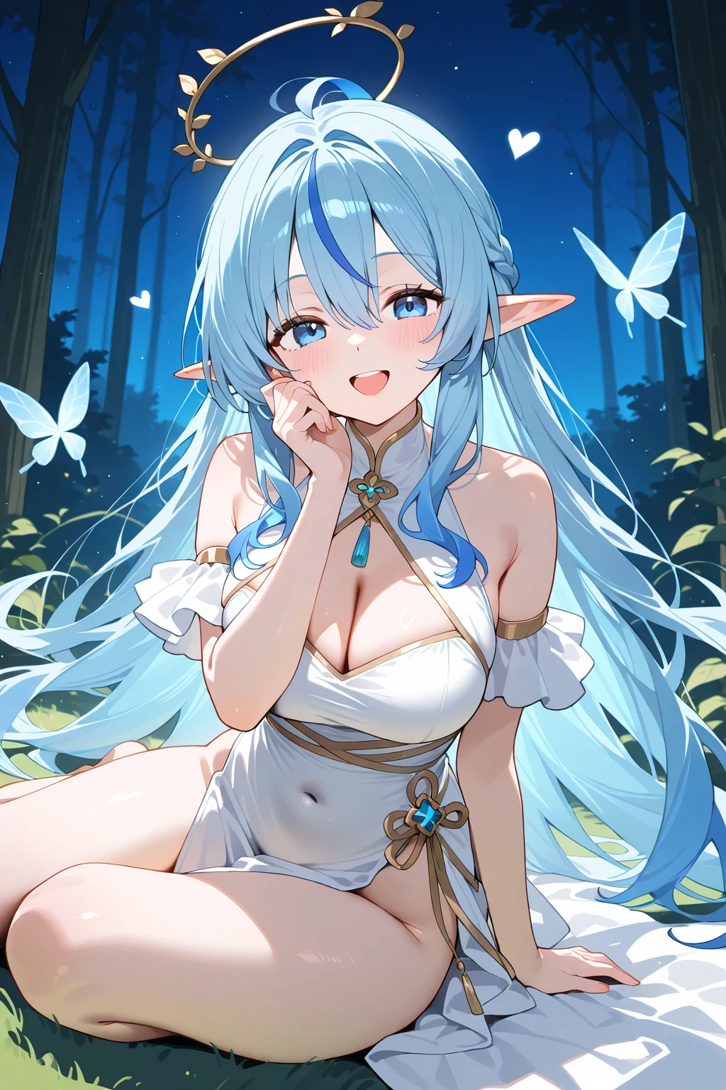  fairy in a fantasy style  her crotch. Wet body. Liriel is a small, delicate fairy with translucent wings resembling those of a dragonfly, displaying iridescent tones that shift with the light. Her face is fine and ethereal, with large blue mischeavous eyes. Playful happy open mouth  expression. sitting on bed with . Her wet hair seems made of strands of light, floating around her head in soft, pastel tones. The light emanating from her body is soft yet clear, creating a magical and ethereal aura around her. The background suggests an enchanted forest, filled with ancient trees and a mysterious and magical atmosphere
