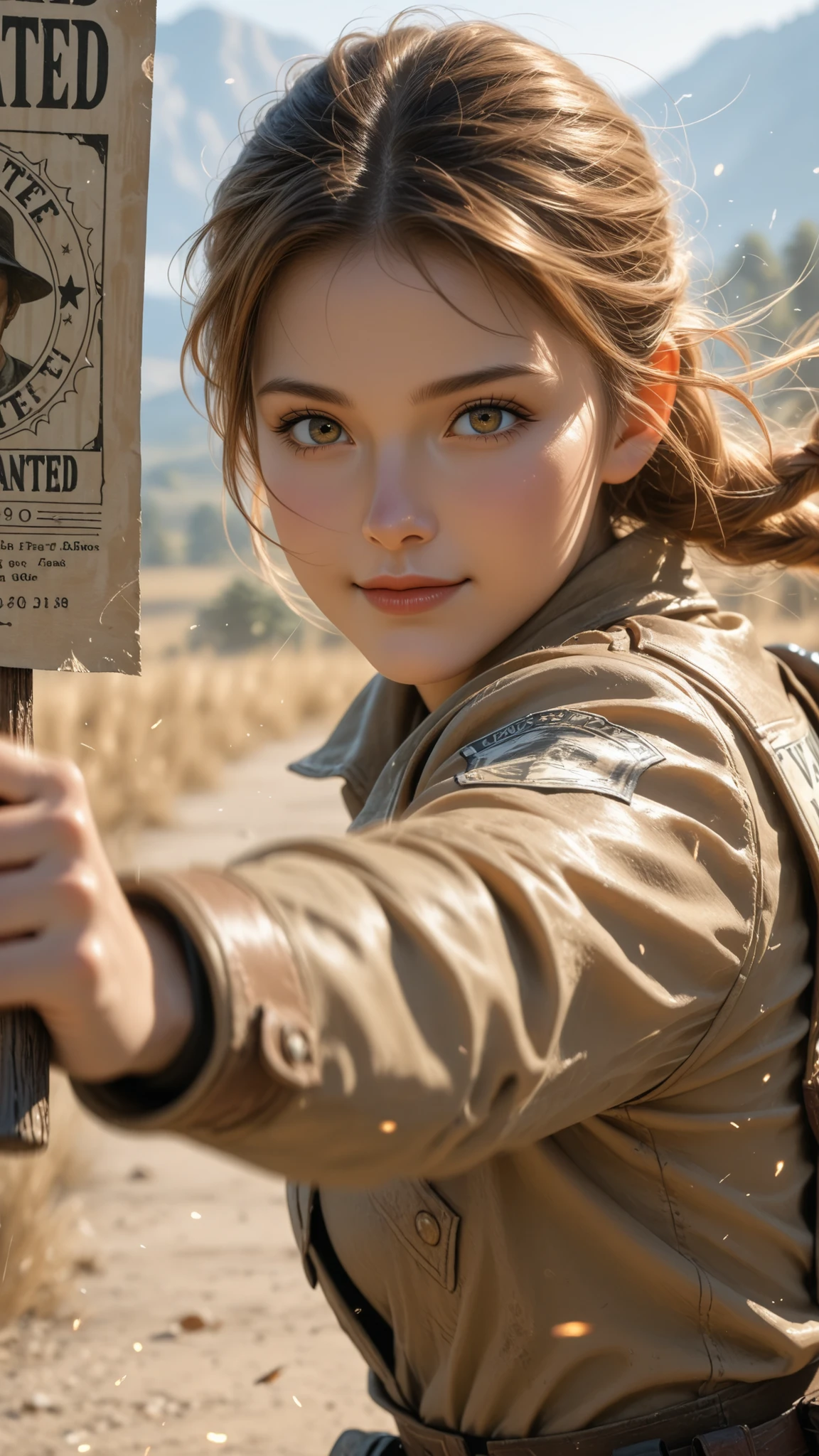 bounty hunter, outdoors, dynamic action, dynamic motion, motion blur, light smile, Holding a wanted poster