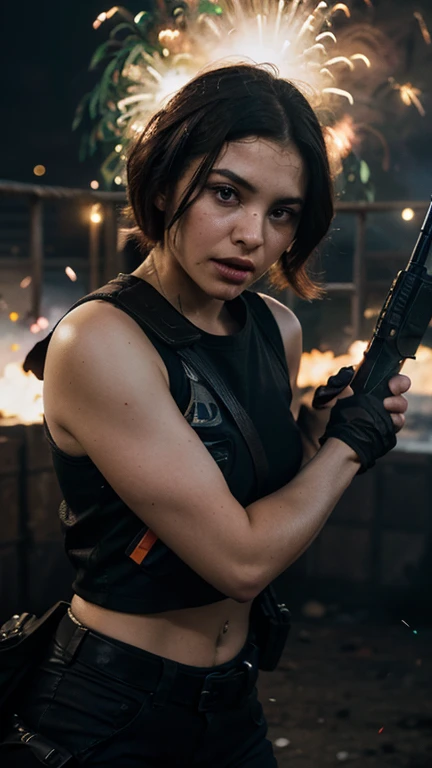 photorealistic photo of a Hot cleverage open torso or chest ponytail scared terrified Sci fi Emilia Clarke holding a sci fi pistol on Dark ishimura haunted abandoned Horror Space Ship photography, photorealism, cinematic rendering, ray tracing, the highest quality, the highest detail, Cinematic, Third-Person View, Blur Effect, Long Exposure, 8K, Ultra-HD, Natural Lighting, Spooky Red mist Moody Lighting, Cinematic Lighting