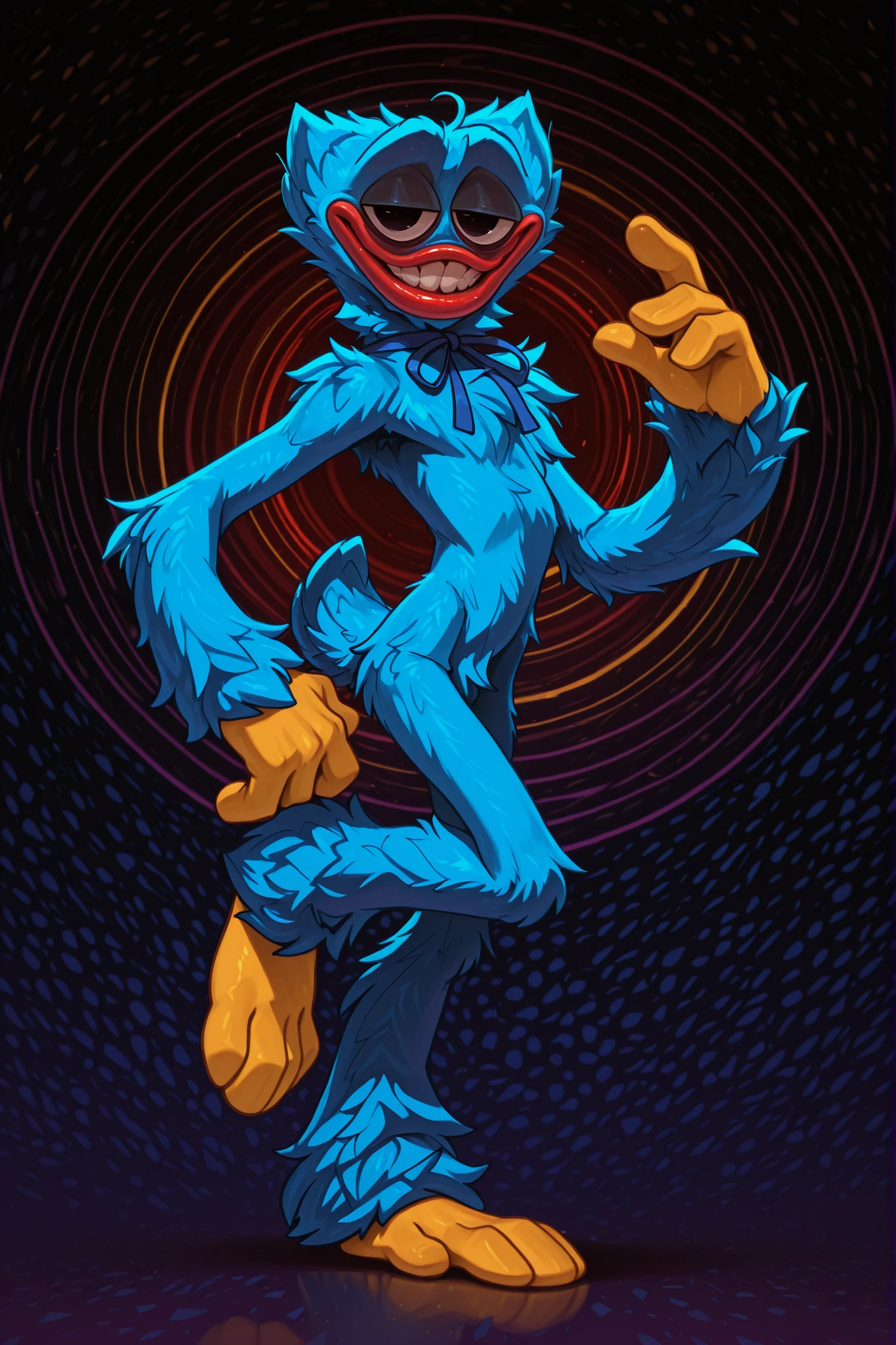 solo, 1boy, male, huggy_wuggy, blue fur, yellow hands, yellow feet, handfeet, lanky, tall, red lips, black eyes, very large eyes, half-closed eyes, eye bags, fluffy body fur, fluffy, broad shoulders, blue body, narrow waist, long arms,  tuft, shoulder tuft, dark blue neck ribbon, oversized neck ribbon, masterpiece, ultra detailed, absurdres, perfect quality, amazing quality, highres, full body, hip focus, cocked hip, outstretched arm, hand on own hip, leg up, standing on one leg, tall, short tail, looking at viewer, half-closed eyes, parted lips, teeth, smile, smug, from side, abstract background, colorful, shadow, primary colors, neon, backlighting, deuzi0n, twink, 