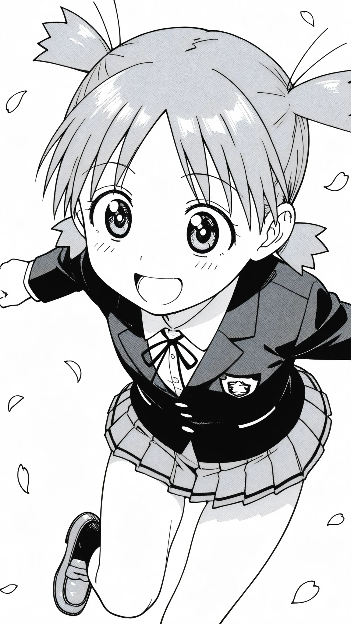 ((from above)),((dramatic angle)),((face focus)),((anime syale)),score_9, score_8_up, score_7_up, source_anime,1woman , monochrome , koiwai yotsuba , quad tails ,round eyes, (white background),(((solo))),((((pleats mini skirt)))),(A glimpse of her thighs),(ass visible through thighs),(A glimpse of her thighs),black blazer, long sleeves, school uniform,(downward-facing face),Flying petals,,open mouth smile,running motion,black Sox,brown loafers,Infant body