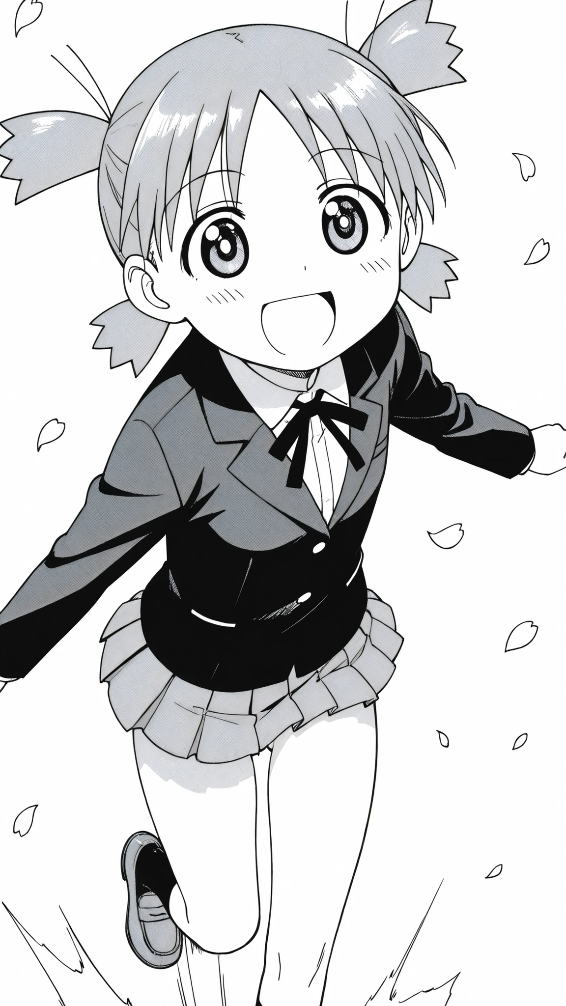 ((from above)),((dramatic angle)),((face focus)),((anime syale)),score_9, score_8_up, score_7_up, source_anime,1woman , monochrome , koiwai yotsuba , quad tails ,round eyes, (white background),(((solo))),((((pleats mini skirt)))),(A glimpse of her thighs),(ass visible through thighs),(A glimpse of her thighs),black blazer, long sleeves, school uniform,(downward-facing face),Flying petals,,open mouth smile,running motion,black Sox,brown loafers,Infant body,looking at viewers,
