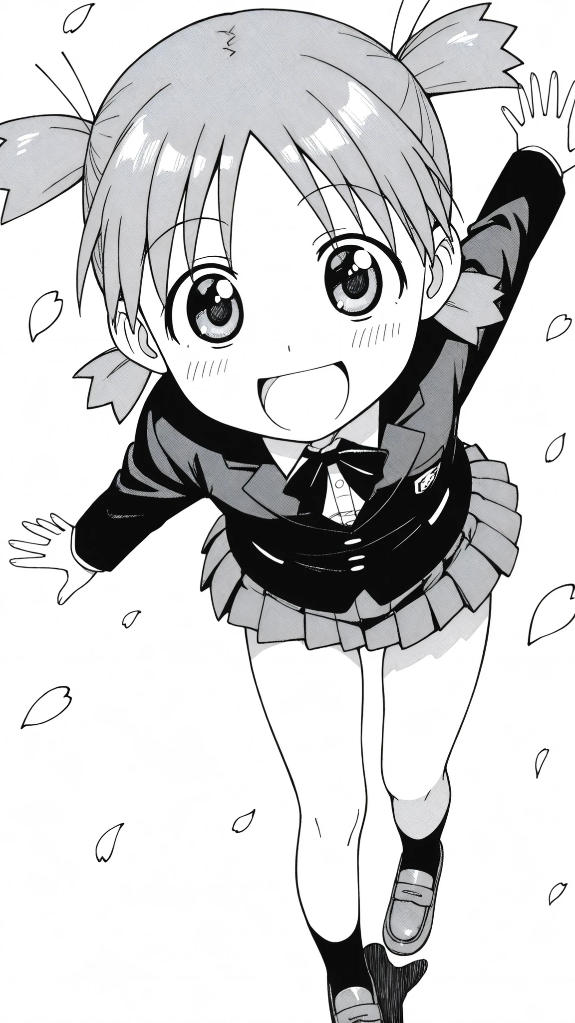 ((from above)),((dramatic angle)),((face focus)),((anime syale)),score_9, score_8_up, score_7_up, source_anime,1woman , monochrome , koiwai yotsuba , quad tails ,round eyes, (white background),(((solo))),((((pleats mini skirt)))),(A glimpse of her thighs),(ass visible through thighs),(A glimpse of her thighs),black blazer, long sleeves, school uniform,(downward-facing face),Flying petals,,open mouth smile,running motion,black Sox,brown loafers,Infant body,(looking at viewers),