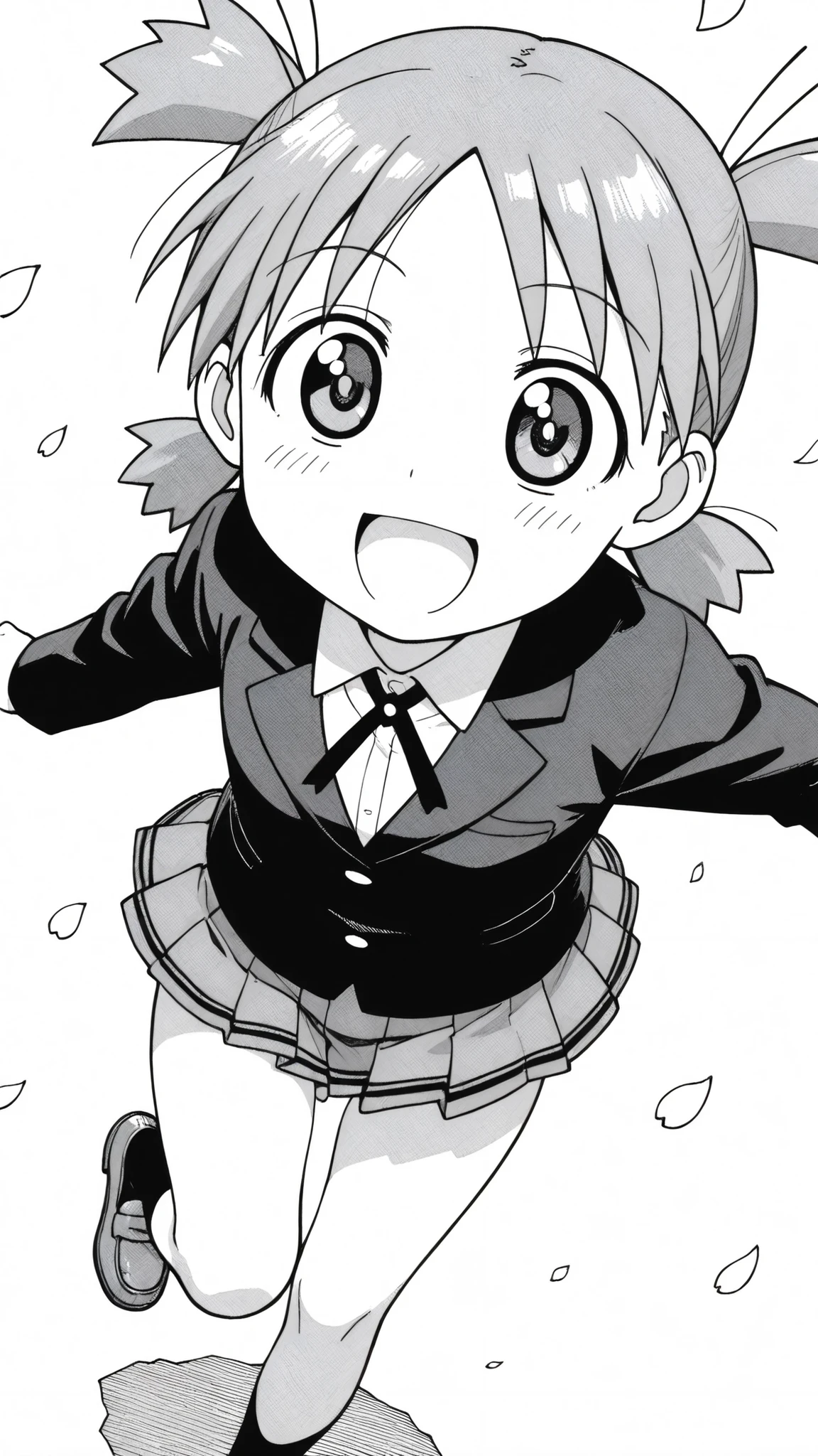 ((from above)),((dramatic angle)),((face focus)),((anime syale)),score_9, score_8_up, score_7_up, source_anime,1woman , monochrome , koiwai yotsuba , quad tails ,round eyes, (white background),(((solo))),((((pleats mini skirt)))),(A glimpse of her thighs),(ass visible through thighs),(A glimpse of her thighs),black blazer, long sleeves, school uniform,(downward-facing face),Flying petals,,open mouth smile,running motion,black Sox,brown loafers,(Infant body),(looking at viewers),