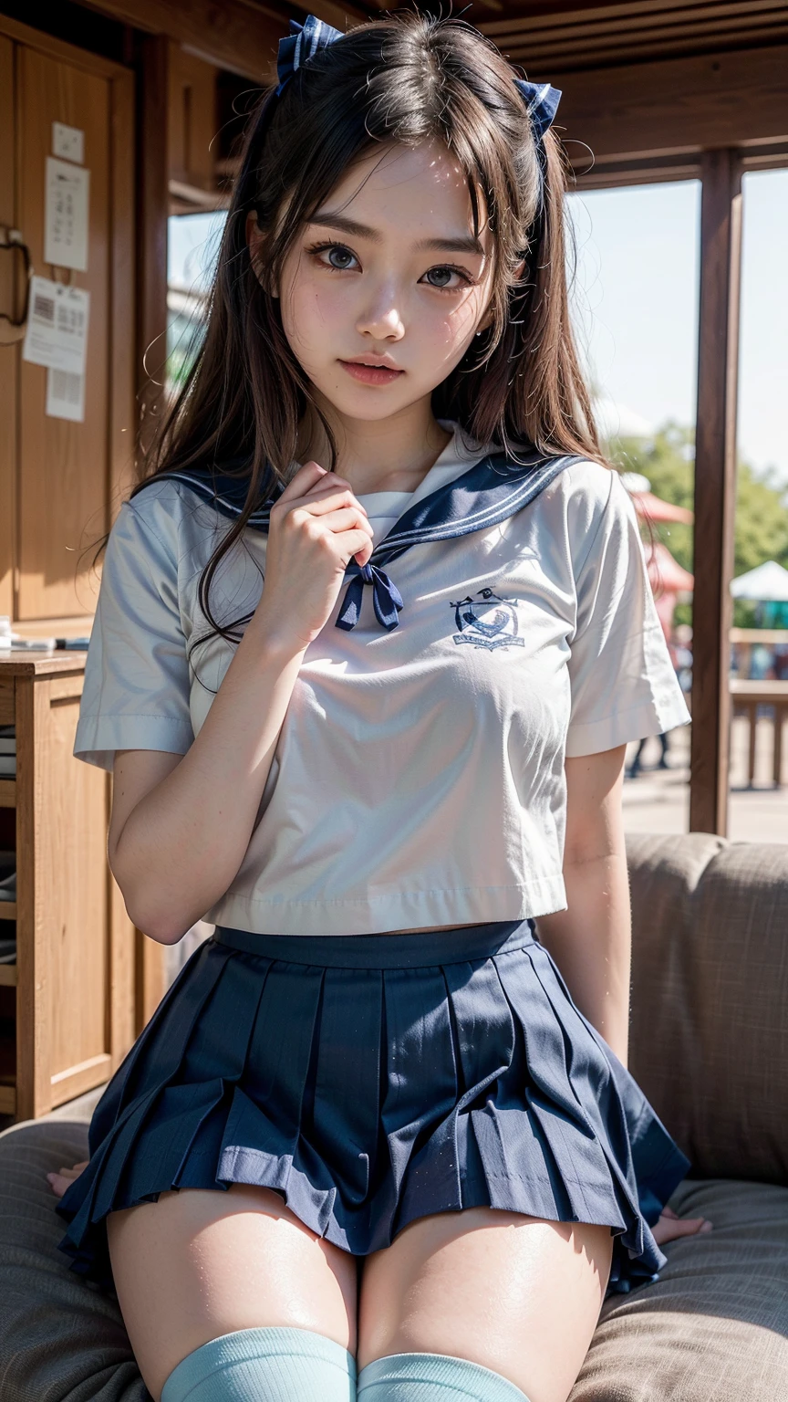  A confident short 16-year-old woman in a simple  high school uniform ,girl, casually leaning against a wall. Her posture is relaxed, and she gazes directly at the camera with a calm yet engaging expression. Her long hair falls naturally around her shoulders, and the lighting softly highlights her features, creating a warm and approachable atmosphere. The background is minimal, emphasizing her presence and the simplicity of her outfit. The scene exudes a sense of confidence and ease, with a focus on natural beauty and comfort.(from direct above shot).
  no distortions, no blurry details, no unrealistic proportions, no background clutter, no exaggerated features, no darkness or low contrast, no unnatural poses, no extra or missing limbs, no extra or missing fingers, no body or face distortion, no multiple hands, no deformed hands, no extra hands, no multiple hands or feet, no hands with more than five fingers, no strange shadows, no awkward positions, no unbalanced composition, no stiff posture, no underdeveloped 
