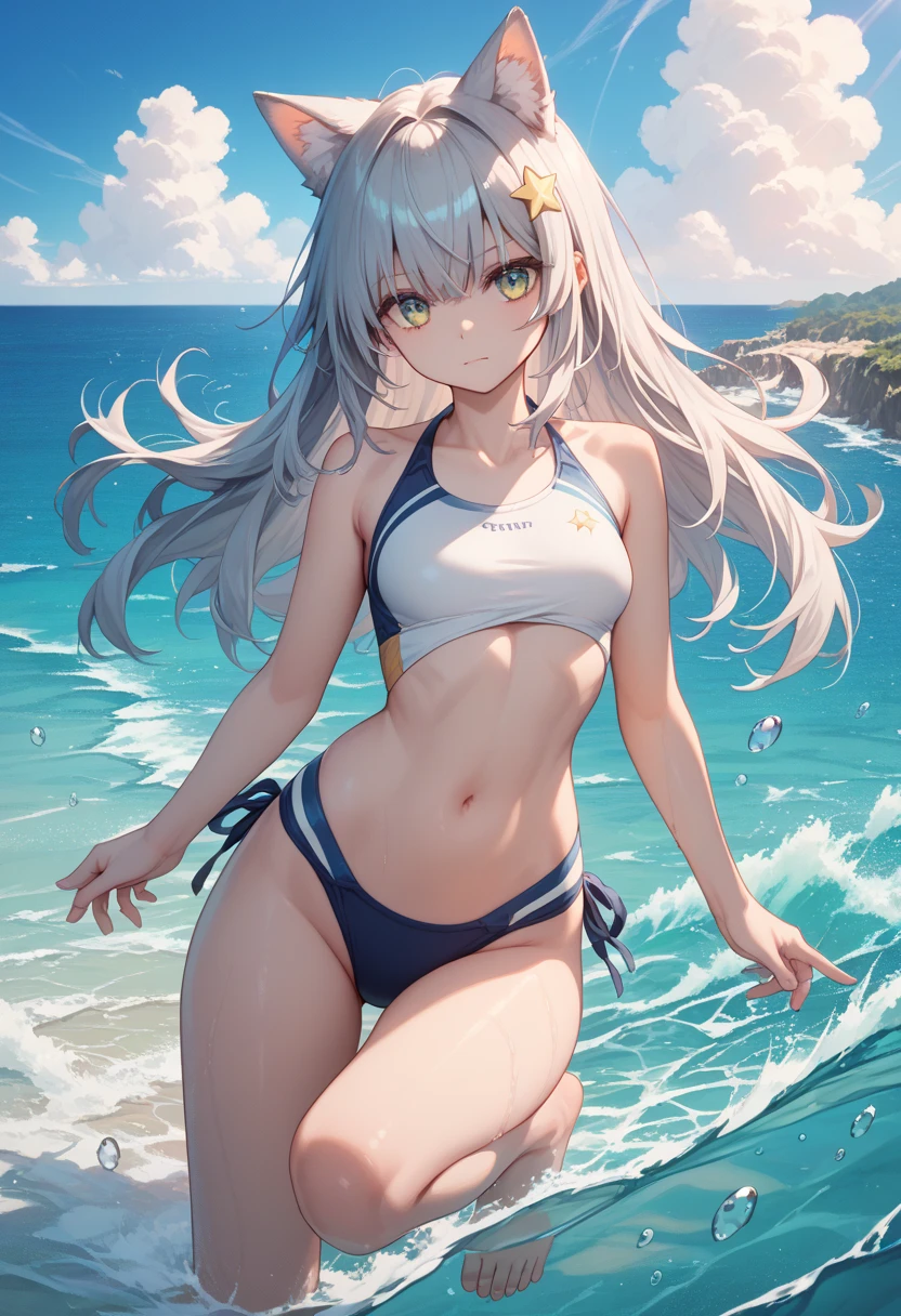 Silver long hair and flat chest，Hairpin，Sports ，swimming briefs， Legs，barefoot，Standing，Sea