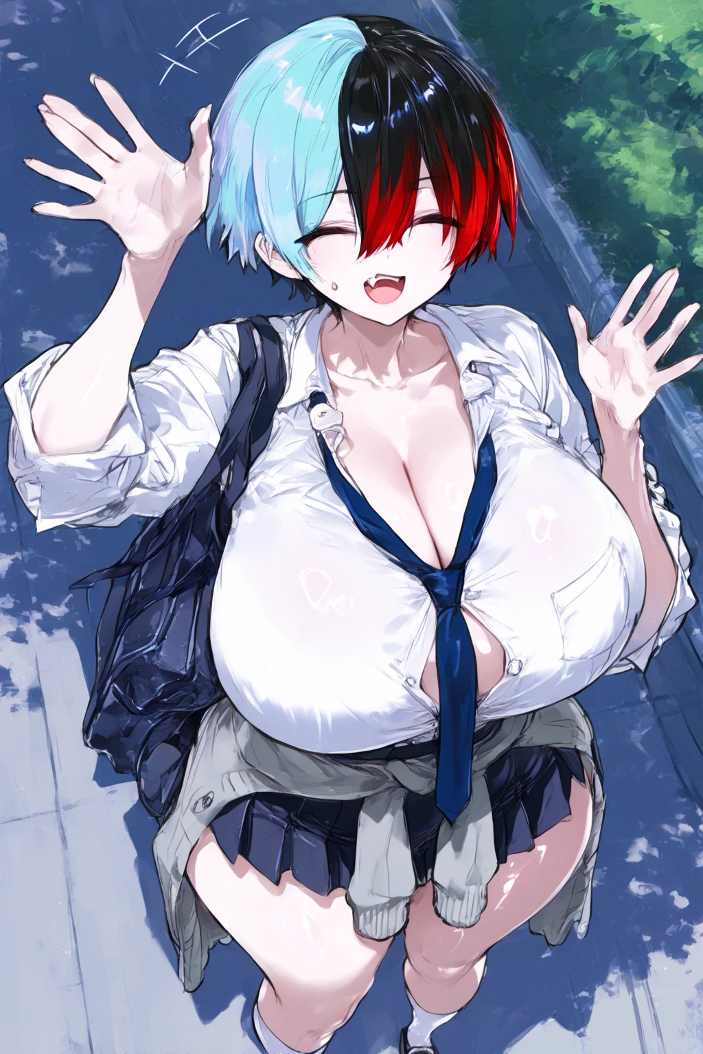 1womanl,Blue hair,Red ribbons ,((Surprised look)),Beautiful breasts,Eyes like very big breasts、Colossal tits、white  shirt,Blue Dress,well-styled,Slender thighs,Decorate the front beautifully)(((Blushing cheeks、embarassed expression)),(((The skirt is rolled up by the wind)))、Long bob cut、Rem of Rezero、No panties、No panties、No bra