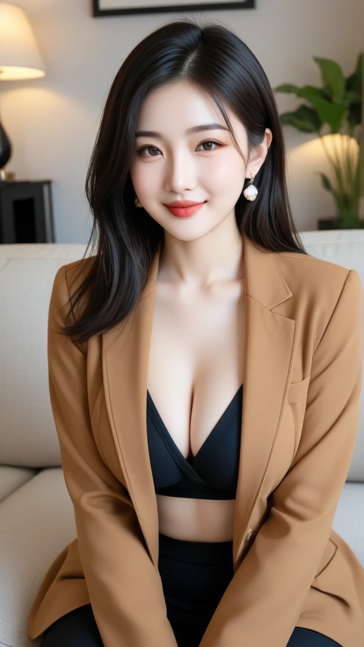 (Woman in her 30s, Brown medium hair, A kind smile), (secretary, suit), (?????????????), Luxury,Warm, subdued lighting,