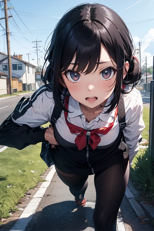 masterpiece, Highest quality, Nico_Yazawa,High resolution, 1 Girl, alone, Brown Hair, short hair, Twin tails、Purple eyes,  , , (Cleavage)、(Beautiful thighs), Carrying a red backpack, (randoseru backpack:1.2) Sweaty、Thick thighs、Highest quality、4K、1girl, 8years old, , cute, grin, 、、on the train、、、Thick thighen holding their  and surrounding girls、 from the 、、、（）projectile 、、Lots of spectators、、low length、Sportswear