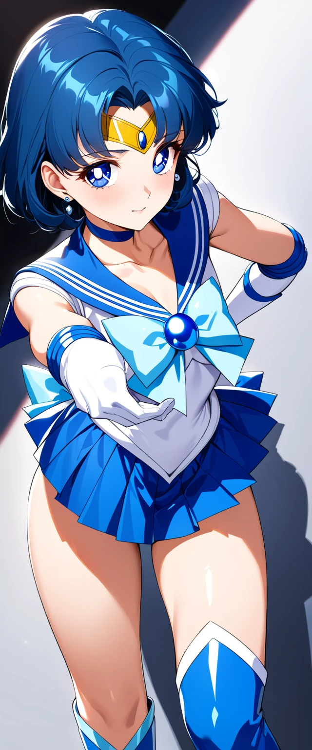 (perfect anatomy)、masterpiece、super high quality、 8k、 masterpiece、Highest quality、 Ultra High Definition 、 max resolution、very well detailed、 professional lighting、anime、woman、thin、  very beautiful face、 very pretty eyes、( high definition eyes )、very detailed face、sailor mercury、tiara、Sailor Warrior Uniform、 blue skirt、 blue sailor collar、  knee boots、choker、White gloves、blue choker、  jewelry、earrings、pleated skirt, gloves, (  torn clothes :1.9),(Highest quality:1.2, highly detailed, ultra-high resolution, high contrast, masterpiece:1.2, highest quality, ultimate aesthetics) A breathtakingly beautiful, sophisticated woman in her early thirties, exuding confidence and allure. Flawless, sun-kissed skin, glistening with water droplets reflecting sunlight. Striking facial features—high cheekbones, a sculpted jawline, a refined nose. Deep, captivating eyes with a sultry, knowing gaze. Full, sensuous lips painted in a rich shade. Naturally arched, impeccably groomed eyebrows. A radiant, mesmerizing smile—playful yet deeply alluring.  long, wet, golden-brown hair cascading over her shoulders, clinging to her damp skin, illuminated by sunlight. Smooth, flowing strands, a few damp tendrils framing her stunning face. Eyes glistening, framed by long, voluminous lashes darkened by moisture. An upward gaze, poised yet captivating. Flawless makeup—smoky eyeshadow, shimmering highlights, masterfully drawn cat-eye liner. Light-reflecting highlighter on her cheekbones and collarbone. She strikes a seductive pose—one hand sweeping through wet hair, tilting her head slightly as water drips from her fingertips. The other hand resting gracefully on her hip. Lips slightly parted in a sultry, knowing smile. Her entire presence embodies confidence, sensuality, and timeless beauty.

