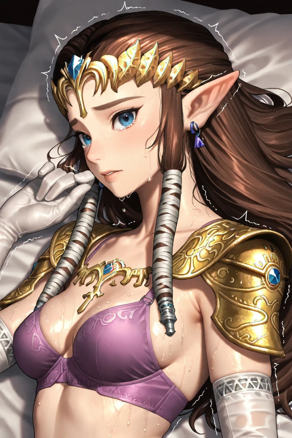 (((Face close-up))),(((No background))),(Expressionless),((()))))),((Upper Body)),((alone)),(())),Anime art style,masterpiece,(Highest quality), (Super detailed),(Very delicate and beautiful),(alone),(detailedな顔と目),Beautiful eyes like jewels,(A truly gorgeous jeweled ruffled rococo ball gown dress),(((Mature Woman,Queen))),((1 Queen in a beautiful embroidery and jeweled absolutely gorgeous rococo ballgown dress with voluminous full length hoop skirt)),((crinoline)),,((Straight hair galore,Very long straight hair with plenty of volume,Super long straight hair)),,Cleavage,(bed),length_gloves,Very gorgeous hair accessory,Sparkling、((((Front Face)))),((((Adult Expressions)))),((((Beautiful Face)))),((((dress)))),(()),(((Long Hair)))),((((Straight hair)))),((Cleavage)),((((Dark brown hair)))),Princess Zelda,((chest is slightly )), ((Highest quality)),,(Very detailed) ,((Purple blouse)),(((Use one hand to push your hair aside))),Brown Hair,(()),, ((Highest quality)), (Very detailed),((detailed)),((())),Nintendo, The Legend of Zelda),,((alone)), ((Highest quality)), (Very detailed), ,