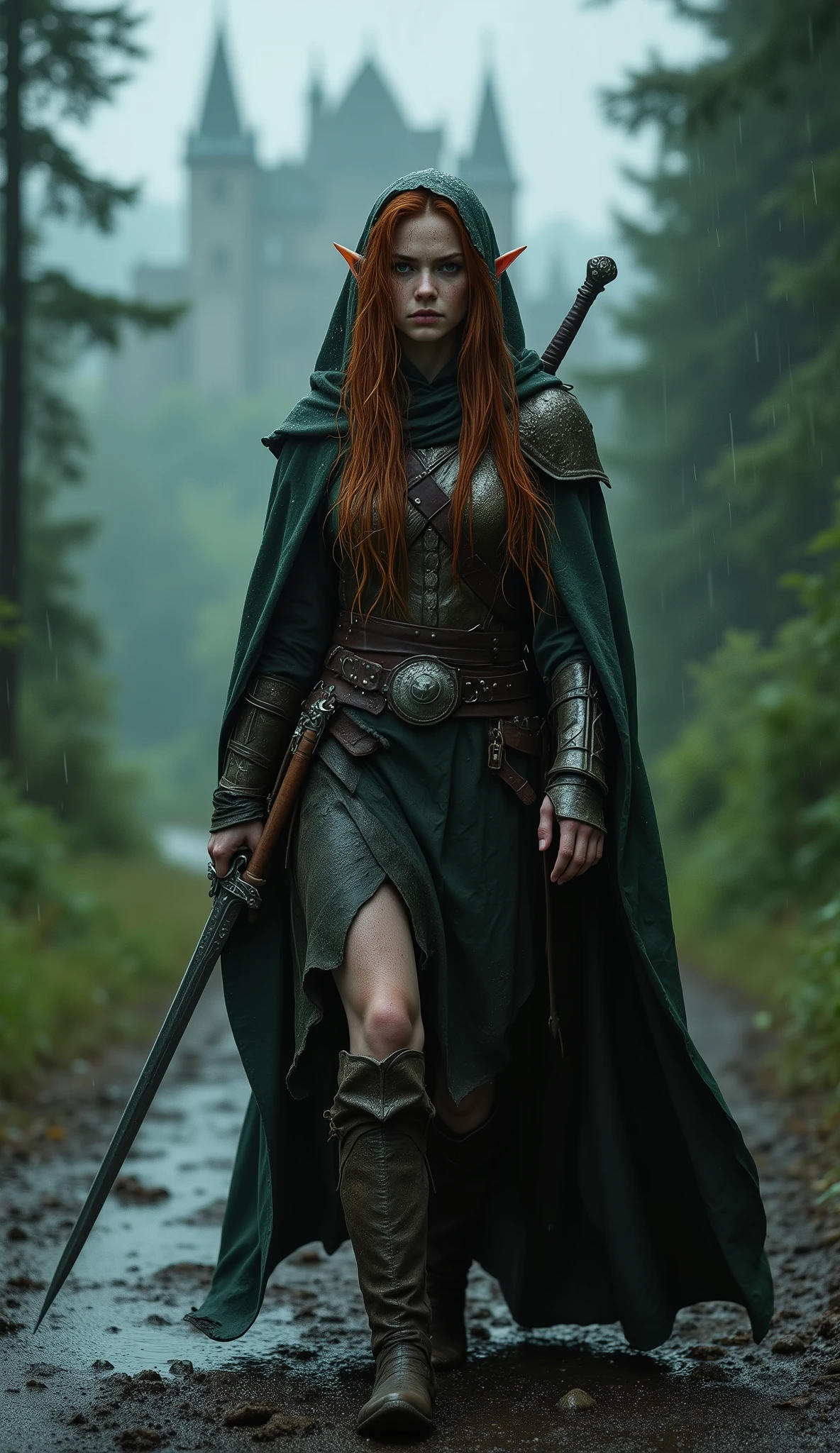 Photorealistic candid shot of a fierce young elven ranger woman walking toward the viewer along muddy forest road in heavy pouring rain, captured in dynamic three-quarter view from front-side angle like accidental paparazzi photo, (she is slightly turned to the side and looking ahead or slightly away, not at camera), natural tense expression, long pointed elf ears prominently visible, pale freckled skin covered in raindrops, no makeup, long wet fiery red hair messy and windblown with strands plastered to face and neck, wearing practical worn medieval leather armor with weathered steel shoulder plates bracers and knee guards only, dark green full-length hooded cloak completely soaked and clinging heavily, fabric wet and heavy, water streaming down everything, athletic female body shape visible under wet clothes, ONLY one longsword in battered leather scabbard strapped diagonally across her back with hilt clearly protruding over right shoulder, NO weapons in hands, NO additional swords daggers or weapons on belt or anywhere else, hands empty and natural, thick fog, distant medieval castle barely visible through mist, moody overcast lighting with dramatic rim light, ultra realistic wet textures mud and rain, photorealistic 8k, gritty style like Kingdom Come Deliverance or The Witcher 3