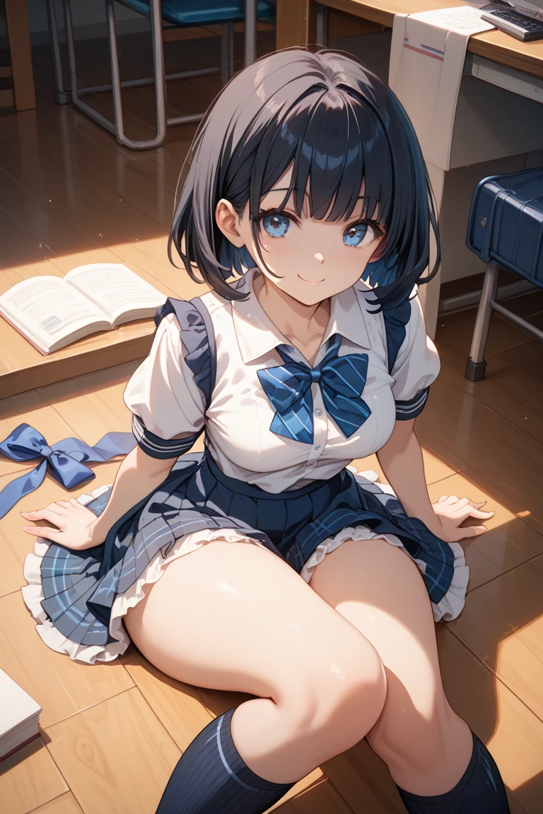 1. High school girl　17-year-old female　Bobcut　dark blue hair color　High School Uniform　Light blue Y-shirt　Short sleeve　Blue Ribbon　dark blue hair color　Slim figure　Large Breasts　Full body portrait　学校のlibrary　Smiling Kindly　Laugh a little　library　Hand Signs　Squat　Kneel　Look up here　