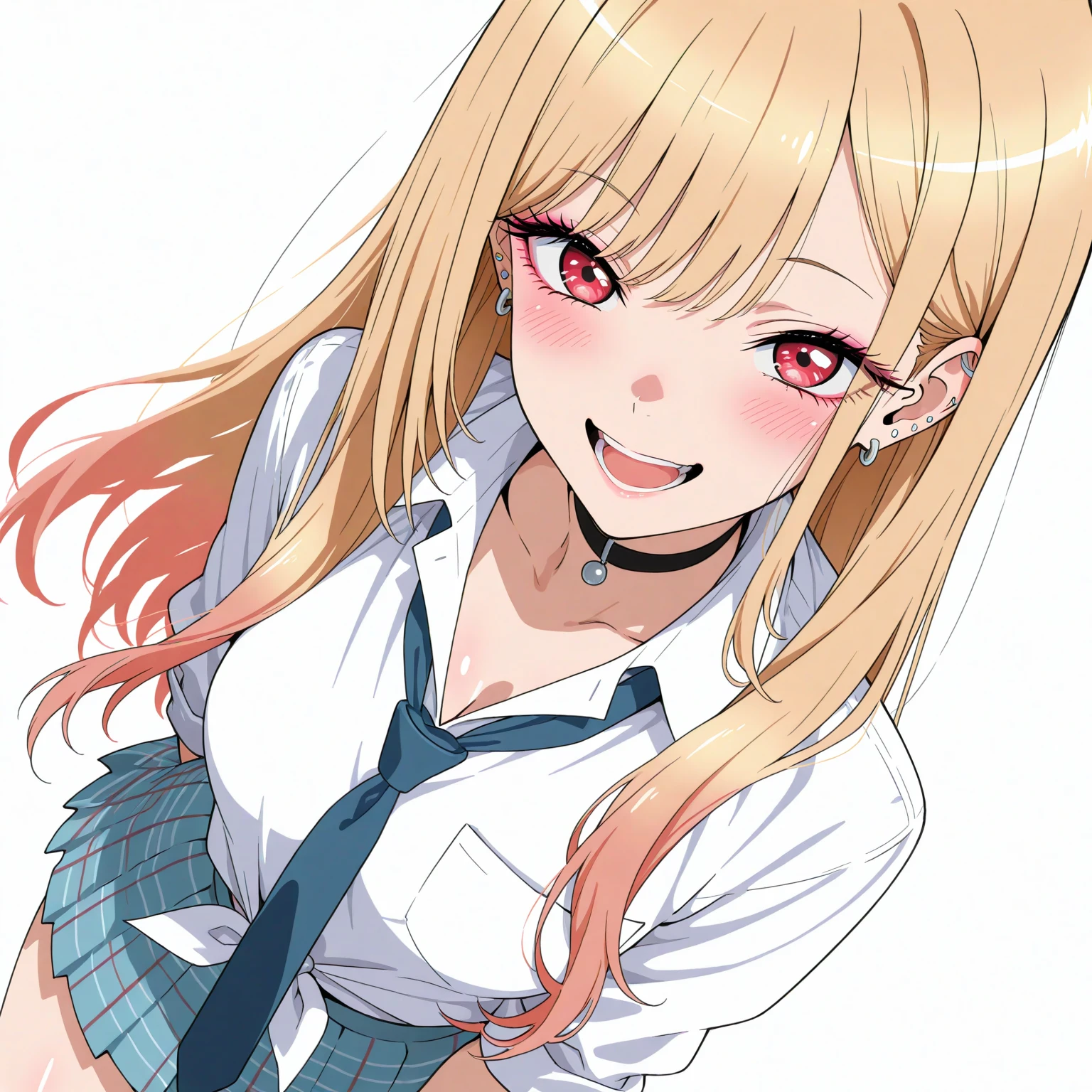 (device:0.72),aikatsu,(red ribbon on hairband:1.2),(masterpiece, highest quality), cowboy shot, break 10yo, ,Moderate_chest, (blonde hair), red eyes, (beautiful skin:1.3), Heart Necklace, break school uniform, (I put my shirt inside, white collared shirt:1.3), black , break (unbuttoned blue jacket:1.5), Sleeves that go beyond the wrist, clavicle, break black_good:1.8,guide,pulled by self,pull clothes,shirt puller:1.8,cleavage:1.8,selfie,smile,blush,cowboy shot,showing_good:1.8, (unbuttoned shirt:1.9),Hoshimiya Ichigo (aikatsu!)