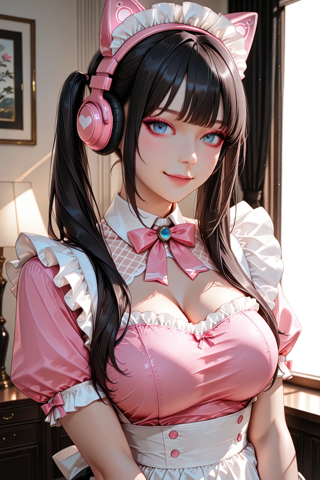 rainbow hair, ponytail, hairclip, hair ribbon, hair bow, maid headdress, goggles, mole under eye, heart-shaped pupils, cat ear headphones, bored, pink  flashes under transparent bra