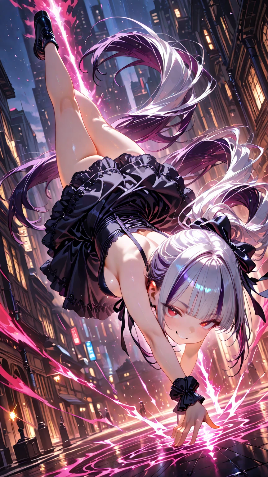 (exceptional, best aesthetic, new, newest, best quality, extremely detailed, :1.2),8k, white theme, blue theme,
a girl with pale-purple hair, a dynamic angle from front, wavy hair blowing in the wind, blunt bangs hair, black and green eyes, A black tank top, small breast, full body shot, A crimson sky background, a  girl crucified,