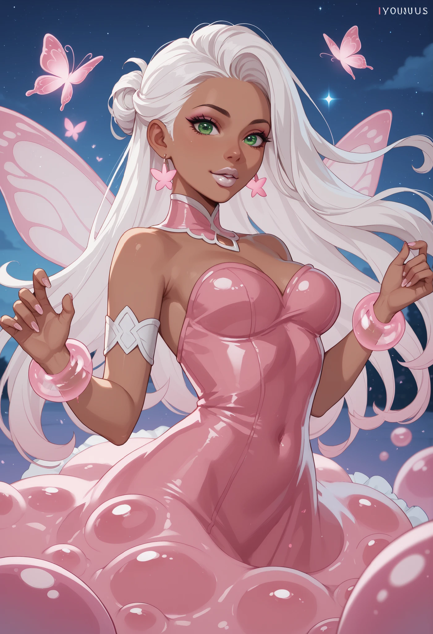 Woman, anime style, dark skin, white hair, voluminous hair, night, pink fairy wings, pink butterflies, pink streaks in her hair, pink stars, pink magic, long hair, looking at the viewer, sensual, focus on the character, looking at the viewer, twisted white horns, pink dress, white embroidery, pink energy, pink slime tentacles, pink bubbles, adult, slim waist, fantastic lighting, top view, ground, top view, lipstick, green eyes, pink lighting, pink slime tentacles, focus on the character, top view, pink goat horns, side view, white lipstick, white lipstick, white lipstick, white lipstick 