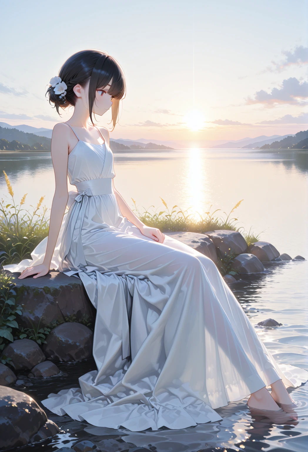 (logo、masterpiece、8K、table top、Raw photo、wonderful、最high quality、フォトリアリスティックでvery detailedな CG 統合 8k 壁紙、high quality、very detailed、Narrative poem、particle effects、dynamic effects、written boundary depth、cinematic light、Lens flare、ray tracing)、fantasy、 (1 beautiful woman、dress、dress、cherry blossom pattern、black haired、beautiful face、real face、beautiful details eyes beautiful skin)、髪がWindで踊る、Hair flutters in Wind、hair bounces、Pink cherry blossom tree、Dancing petals、SakuraFubuki、wonderful景色、sunrise、Sun in the background、Wind、