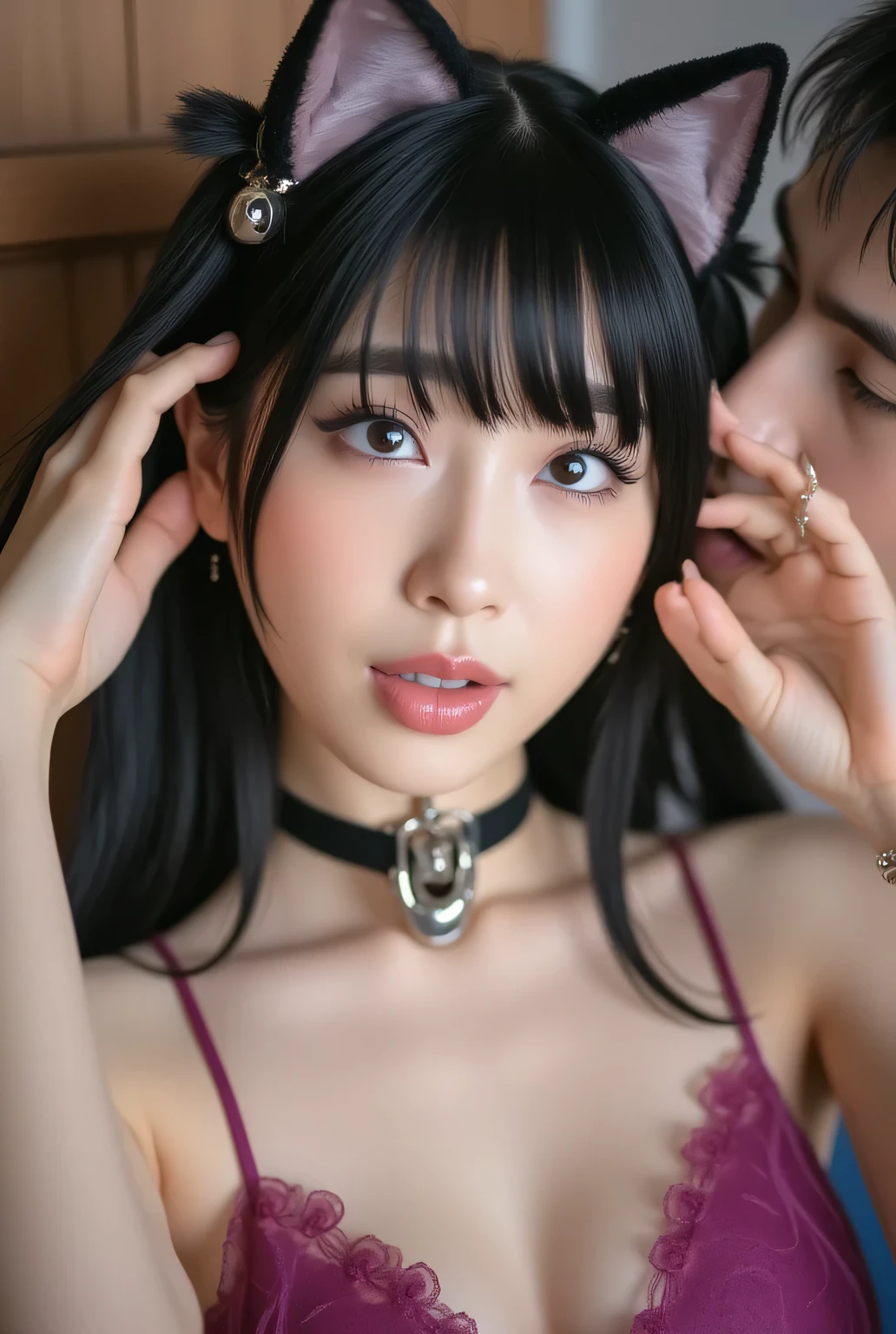 masterpiece, super high image quality with rice bowl, Ultra High Definition, Ultra-realistic, very high resolution details, Picture, Women wear cat ears,fine texture. Women wear cat ears、Women with beautiful faces, long straight black hair, with bells on black collars,Men are adorable by stroking women's hair. in、The background is gently blurry like a pet playground {x} She happily looks up at the man's feet in an ahe-faced suit.、A man strokes a woman's hair and adores her、Women are male pets、Sexy in magenta lace.