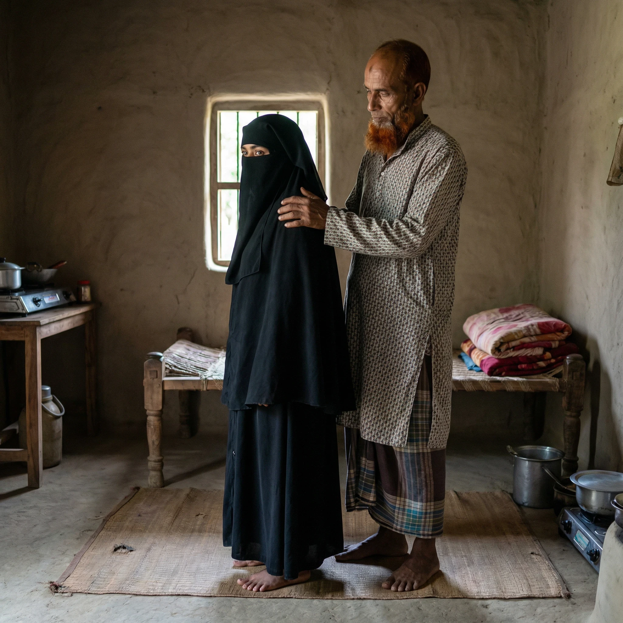 Pale skin Kurdish woman in hijab  shoulder  arm breasts  talking with a ugly Arab man in bedroom view from side angry raged 