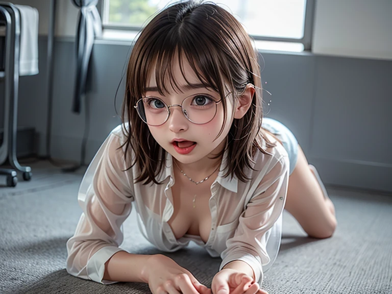 female classmate，Single eyelid，14 years old，Height 167cm，short hair with details，low ponytail，gold wire rimmed glasses，white skin，white short sleeve，Have morals, , Bending down to pick up things, , small , small , small , cup a,  