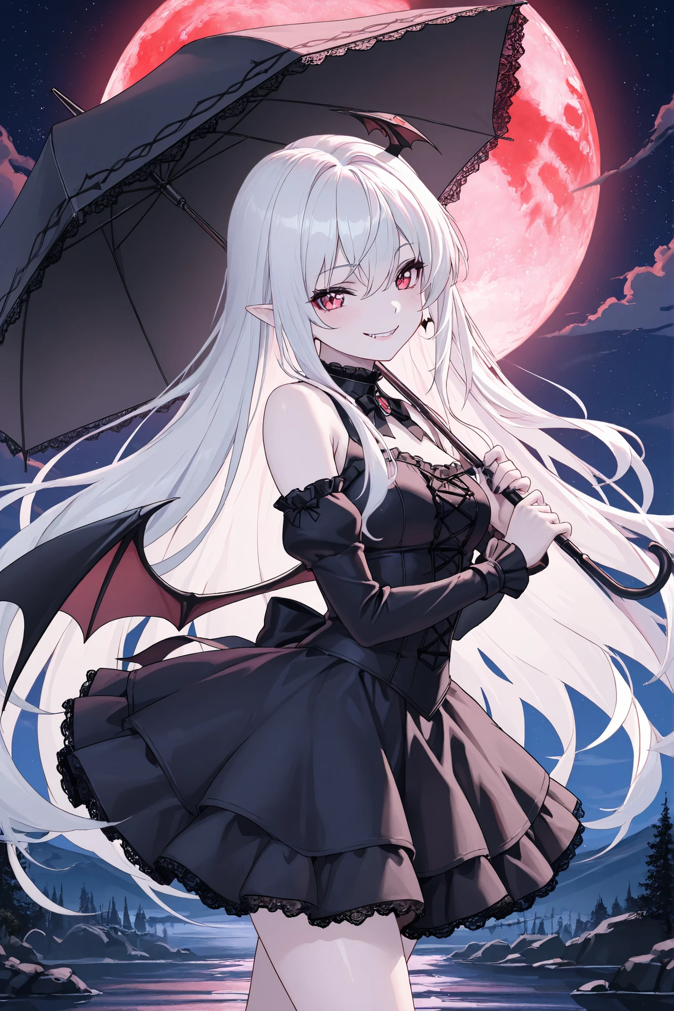 Highest Quality, super high resolution, masterpiece, Super High Quality, Highest, masterpiece, vampire girl, Bat Wings,Black Gothic Umbrella, bewitching smile, watercolor、long white hair、high-resolution RAW color art 、 ,fair skin、 amazing vibe、perfect detail, Artistic, amazing space,、
Highest Quality, HD model, Ultra High Accuracy, 3d rendering, ultra sharp、、
,,BREAK, 16K resolution,masterpiece,very detailed,ULTRA HIGH DEFINITION ,Super High Quality,anime style , detailed eyes ,detailed faces, HDR ,Clear Line , detailed background、Red Moon、moonlight
