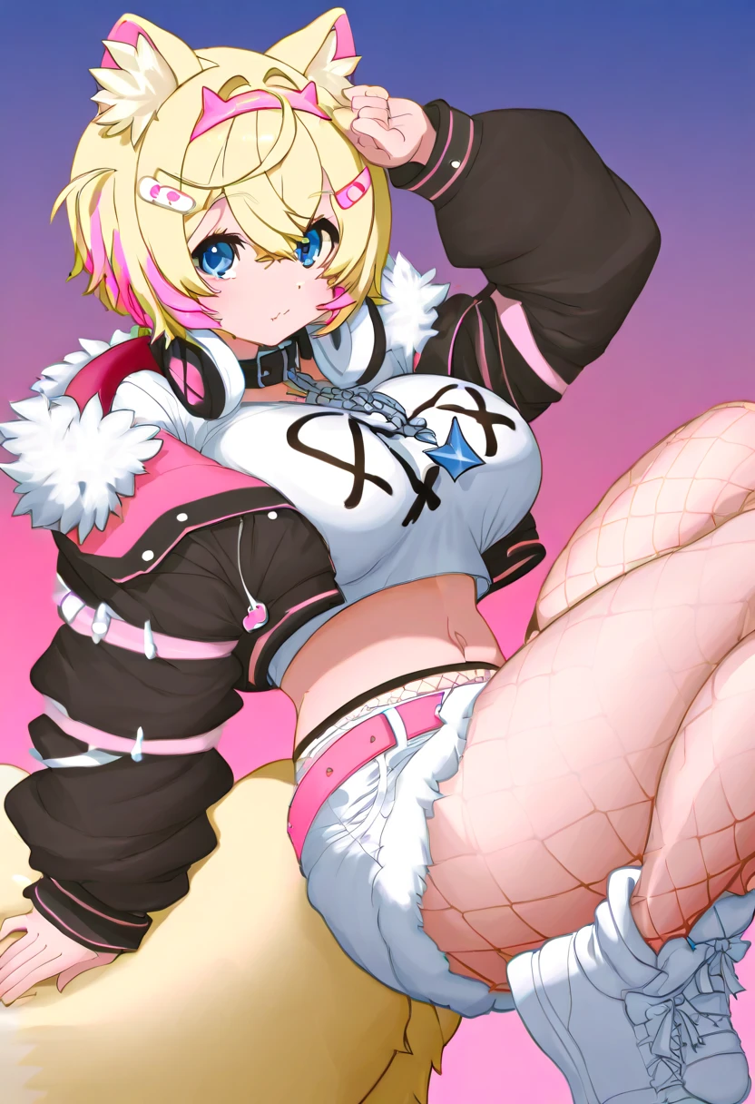 masterpiece, best quality, 1girl,blonde hair,Sui, (finely detailed heart shaped pupils and detailed face),,cowbody shot,lovestruck,extremely detailed picture unity 8k wallpaper,solo,(latex maid costume:0.9),glamour body,seductive smile,latex thighhigh,from below,looking at viewer,wink