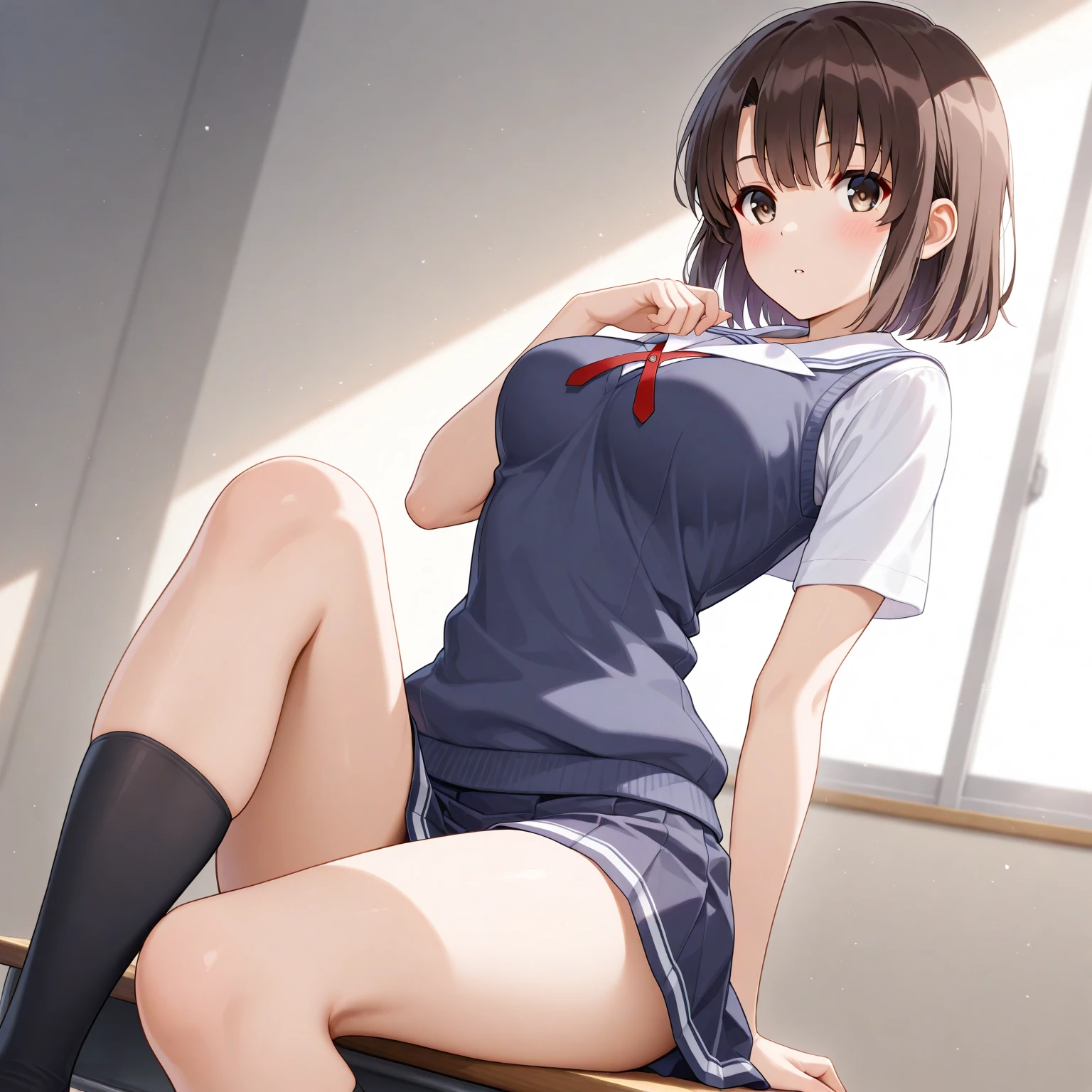 masterpiece, highres,best quality,<lora:utsubo kokoro-Ill-001:1>, utsubo kokoro, 1girl, solo, skirt, plaid skirt, shirt, shoes, plaid, socks, school uniform, white shirt, red skirt, bow, black socks, brown hair, short sleeves, bowtie, brown footwear, loafers, pleated skirt, shirt tucked in, brown eyes, tachi-e, red bow, breasts, collared shirt, red bowtie, miniskirt, hair tie,