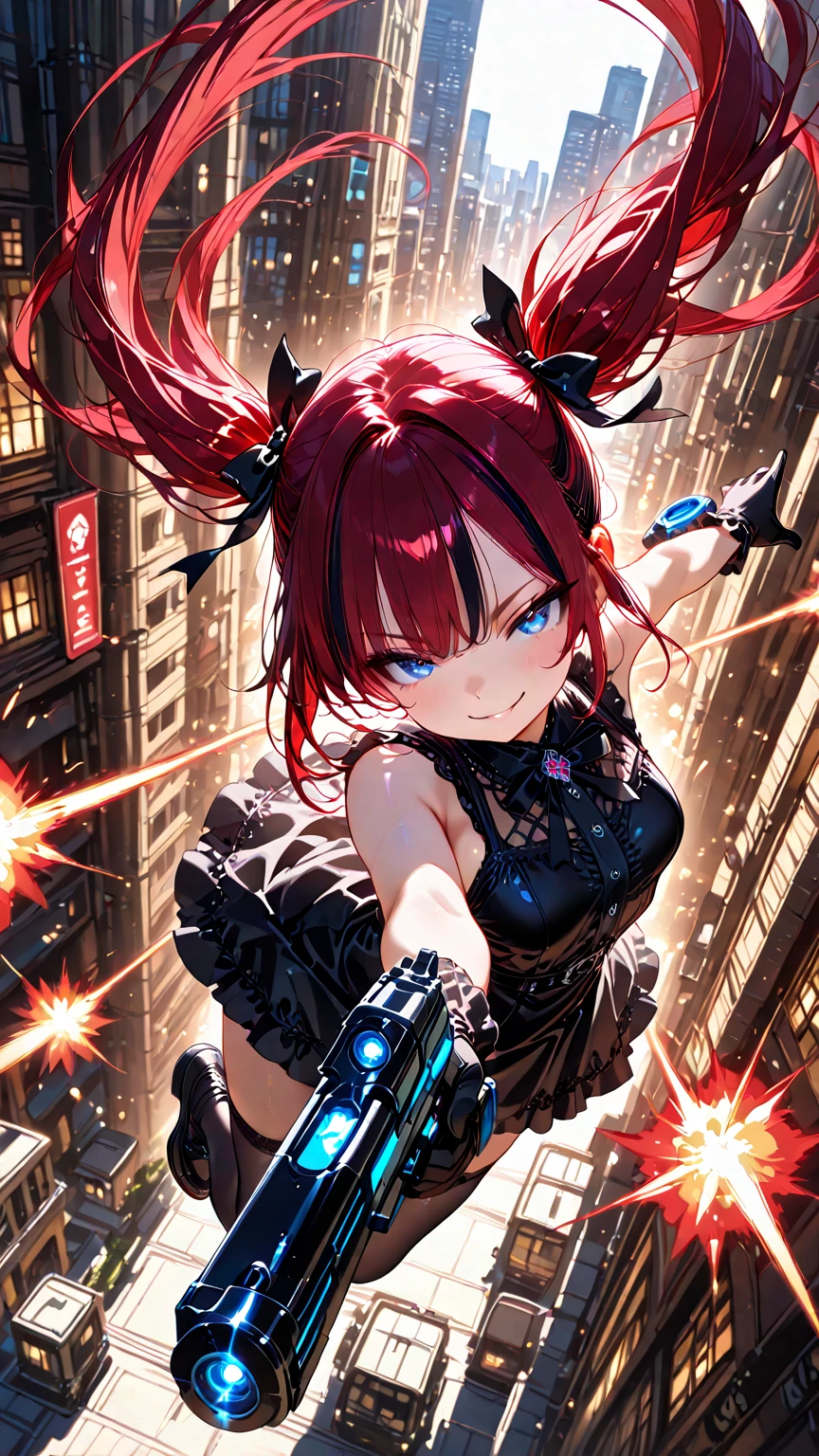 High quality,Ultra detailed,best quality,insanely detailed,beautiful, masterpiece,absurdres,very aesthetic,sensitive BREAK
solo, 1girl,
TsunaMaid, side ponytail, black dress, Black gloves,White tights,
indoors,night,  holding gun, dual wielding, handgun, trigger discipline, finger on trigger,Frown, smile, blood on face,grin,  blood on clothes, Raise gun,aiming, aiming at viewer, Broken Window,broken glass,  muzzle flash,
<lora:Nekota_Tsuna_IL_1.0:0.8>