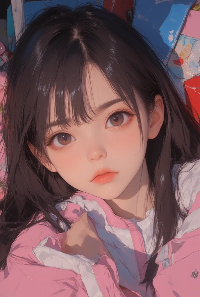 (score_9, score_8_up), score_7_up, score_6_up, score_5_up, score_4_up, Zenko, 1girl, black hair, hair ornament, hairclip, black eyes, short hair, beige cardigan, cardigan, pink dress, red ribbon, lying on bed, on stomach, elbow rest, hands on chin, looking away, expressionless, white socks, black footwear, legs up, cheeks, pout, indoors, bedroom, close-up xaxaxa