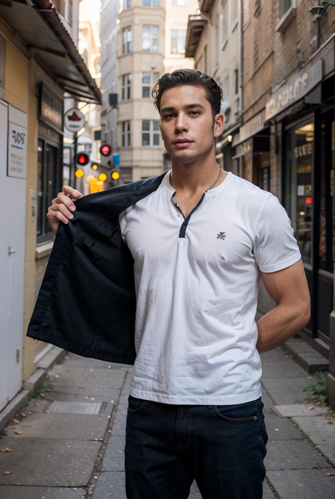 ((best quality)), ((masterpiece)), (detailed), Donny wahlberg Wears the suit without a shirt underneath. Standing in the town square. He wears the green suit without Shirt inside. He smile