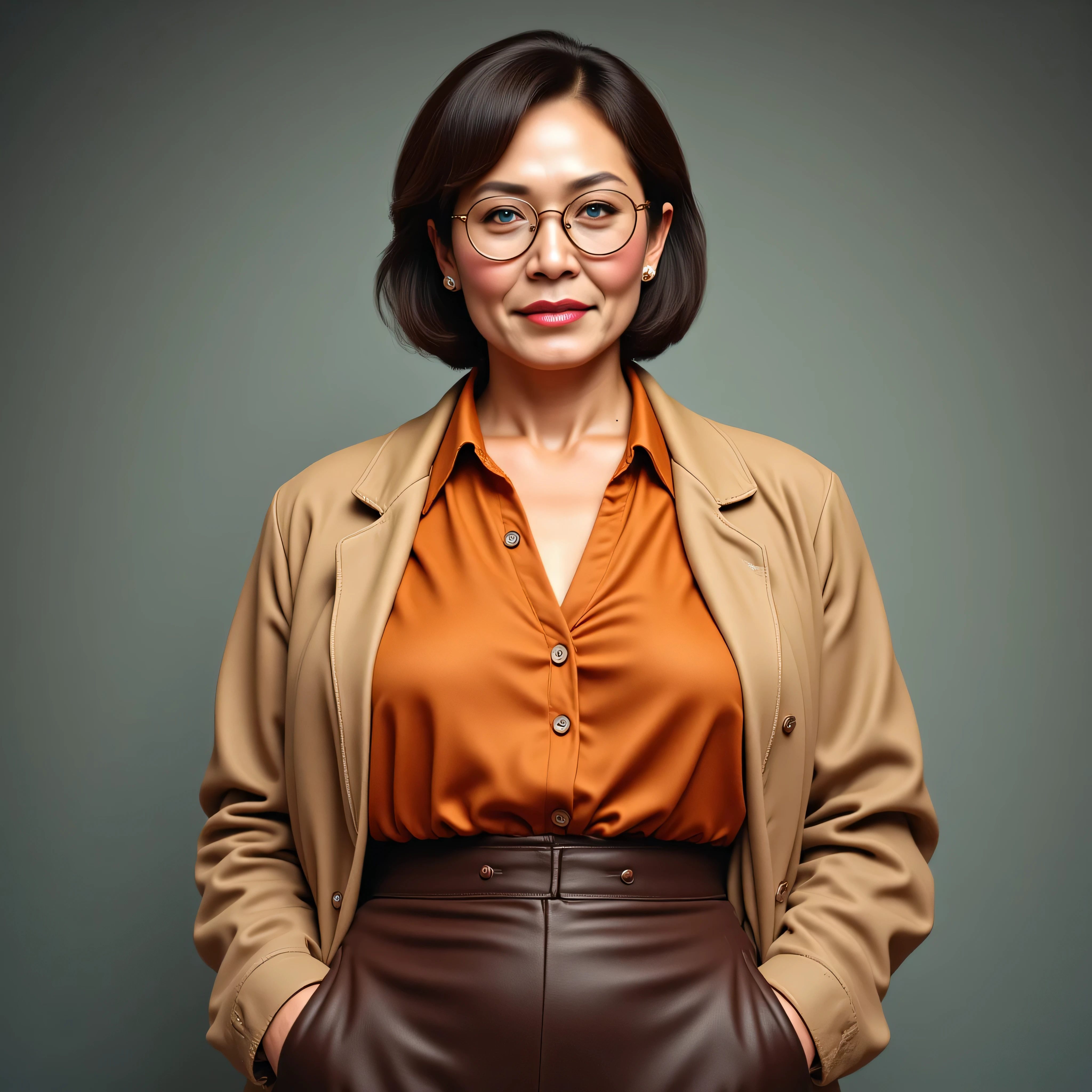 A realistic, high resolution photograph of a short beautiful Asian woman in her 50's; full body frontal view facing the camera with her arms at her side, looking at the camera. There is extra space in the photo above her head. She has a short, curvy fashion model figure featuring large rounded breasts with natural curvature, large hips, and a medium waist. She has a short, straight ash brown bob with a side part. She has a perfect, heart shaped face with Asian features, thin lips, a small nose, a short, bull neck, and ears that lay close to her skull. She has blue eyes, an olive complexion, and wears a pair of vintage round wire rimmed glasses. Her lips are closed and she has a amused smirk. She is wearing a pumpkin orange collared silk blouse, a chocolate brown leather skirt and a tan doctor's lab jacket. Her breasts are well defined beneath the clothing and you can see some cleavage. There is no one else in the photo. There is extra space above the subject’s head and centered composition — suitable for magazine-style layout or cinematic framing.