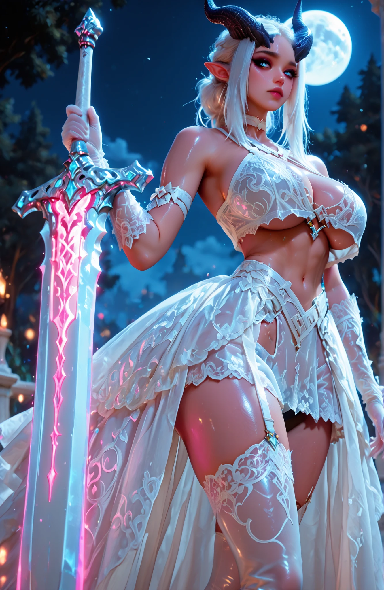 reij-drsswhtrs, white harness dress, white long train, white platform heels, white lace gloves, white choker,BGMainFemale, 1girl, , demon horns, pointy ears,white dress, ball gown , white highheels, (see-through), ,Athletic build, tall figure, long ears, red eyes, tiefling girl, gloss skin, shiny skin, holding a large luminous sword, white hair, fantasy world,pink skin, short crop top overhang, micro skirt, navel, bare shoulders, detailed eyes, depth of field, subject focus, masterpiece, best quality, high quality, absurd, high definition,
solo, long hair, blue eyes, eyeliner, makeup, lipstick, curvy body, gigantic breasts, ethereal beauty,huge breasts,
luminous runic patterns, cwboy shot, looking at viewer, action pose, dynamic pose, dynamic angle,
outdoors, night, white moon, epic detalied