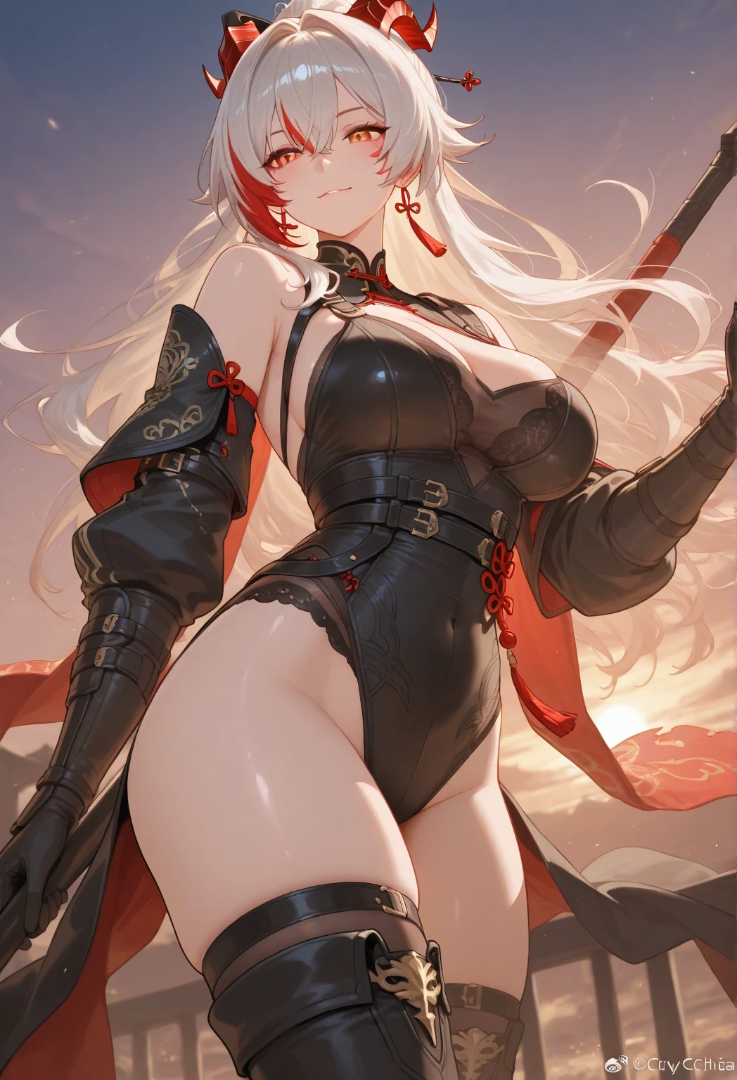 Adult female with white hair，slim figure，Queen，black knight armor，Black swimsuit，thigh，palace，castle