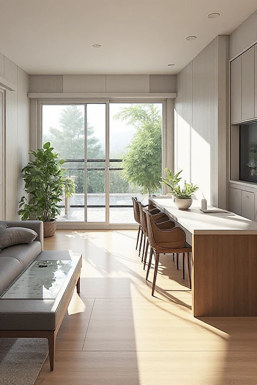 Very realistic, interior design, very detailed wide-angle architectural photography, comfortable modern living room, (bright warm sunshine 1:0.1), award-winning contemporary interior design, landscape, table, chair, interior, wooden floor, window, dining room, East Asian architecture, sliding door, lamp, architecture, forest, nature, cup, plant, interior design, interesting light and shadow, depth of field, low light,