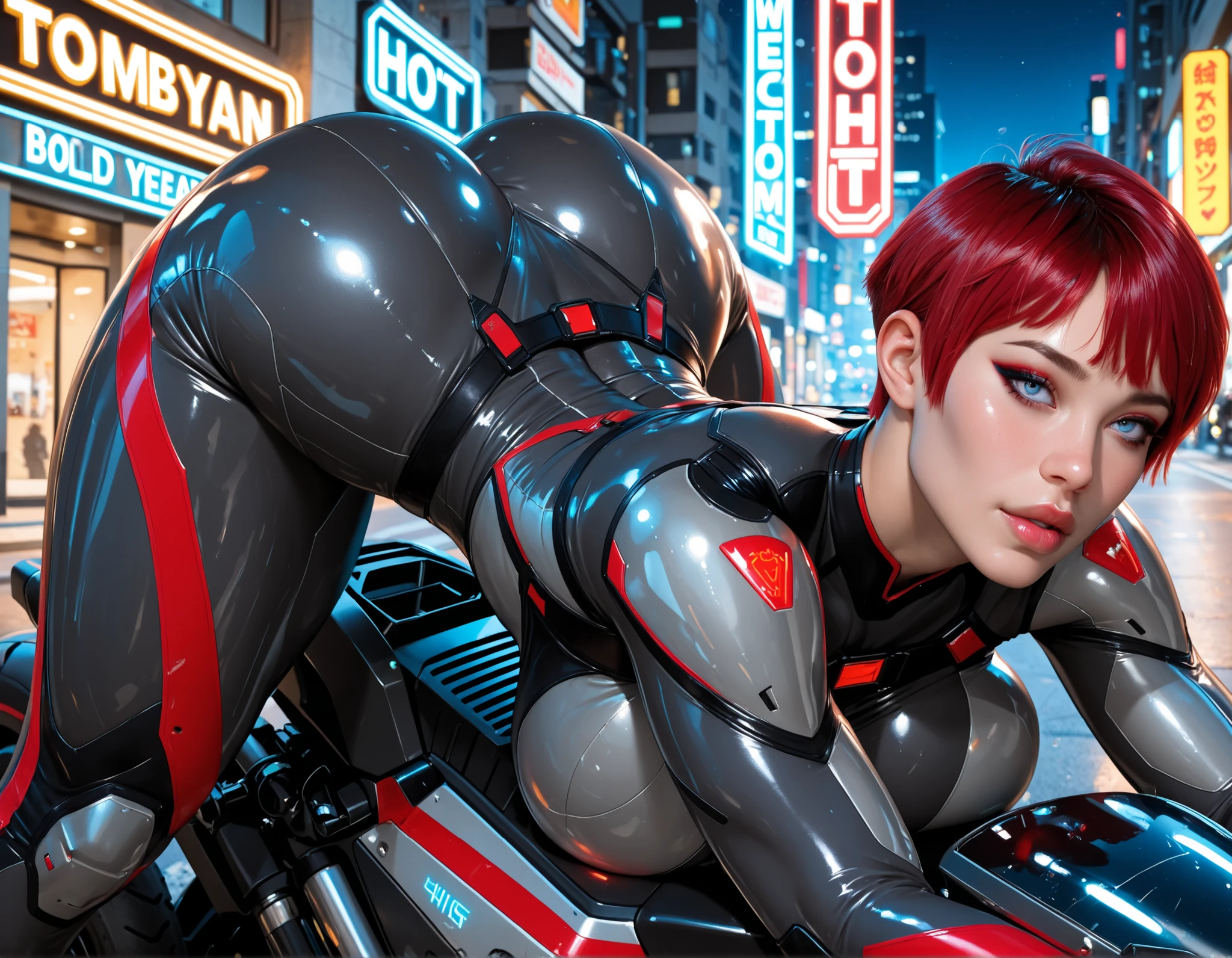 (masterpiece), (portrait),huges breasts (aesthetics), ((tomboy style delicate 18-year-old face)), (((short straight, very short hair)), ((cute red hair)), hair bangs, thin open eyes, blue eyes, big breasts, straight hair, cute, female, woman, lips slightly parted, beautiful, female features, top, high quality, (female ) features), solo, (Korean attractive), (futuristic night), (vibrant light), Futuristic bodysuit armor, futuristic assassin, on a futuristic motorcycle, street, futuristic city, neon signs, from behind, big, perky butt, neon, round bottom, lying down, bending over, ((female tomboy)), (Bold Makeup), (Big Breasts), Fair Skin, (horny and slutty voluptuous woman), (a hot woman, muscular woman, hot fit, voluptuous mature body, super curvy body), (Sleep Neckline), Beautiful Hands, Body beautiful, beautiful ears, beautiful eyes, bright eyes, beautiful mouth, beautiful lips, needy expression, hot and thick thighs