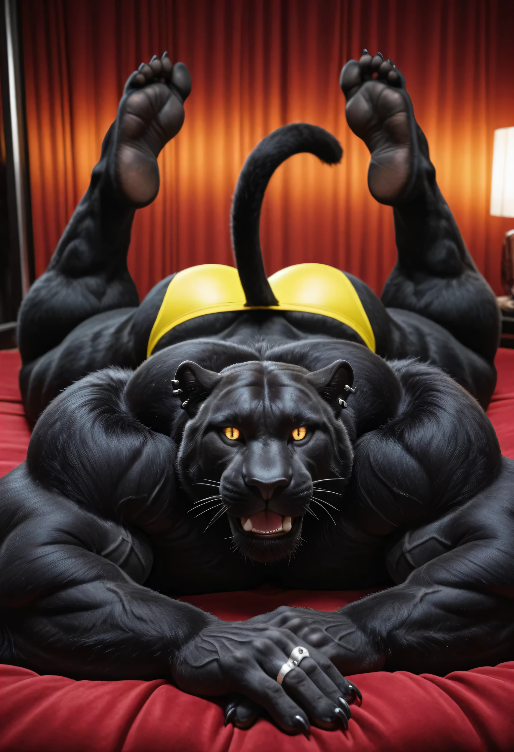 masterpiece, best quality, amazing quality, high quality, RAW photo, (Photorealistic Style), (Perfectly Correct Anatomy). (furry), (1boy), (Huge Adult Male muscular bara Black Panther Boss Koji from Fortnite), Himbo, Very Masculine, Huge Man, (Black Fur Body:1.4), (Black Fur:1.4), Black Black Panther Tail, Huge Hyper Veiny Bulging Muscle:2, Huge Bodybuilder Physique, Huge Bulging Pectoral, Huge Wide Broad Chest, Huge Bulging Abs, Huge Wide Broad Shoulders, Huge Wide Broad Back, Eight-Pack Abs, Huge Pecs, Protrusion, Huge Thick Legs, Strong Body. (Detail Glowing Yellow Eyes with narrow, vertical pupils, emission strictly limited to pupils), Black Sclera:1.4, Realistic Detail Bara Chiseled Male Black Panther Handsome Rugged Boss Koji Face:1.6, strong square jawline, chiseled cheekbones, tough appearance, hairy chest, hairy back, hairy legs, hairy thighs, hairy arms, pubic hair, Huge muscular butt:2. Ear Piercings, Rings, realistic human hands, (Natural Palms Color:1.4), (5 fingers:1.2), Black Claws, (Realistic human feet), (5 toes:1.2), (Natural Soles of Feet Color:1.4), (huge size 20 feet:1.4), (10 feet tall:1.4). In a (Realistic In a High-rise Penthouse Lounge – Overlooking the Neon-lit Mega City, dimly lit), (Solo), looking at the viewer:1.6, (front view:1.7), (lying on stomach:1.7), hand on his own cheek, (focus face:1.8), (close up face:1.8), smug smirk. (Wearing a small tight transparent Yellow Brief:1.4), Uncensored, Huge Bulge, (Puffy Nipples).