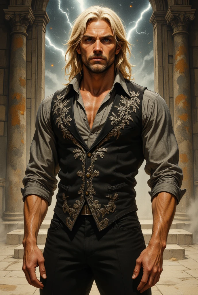 1 buff handsome man, armlet, bicep strap, blonde hair, glint, gold bracelet, gold needle, holding, holding needle, long hair, looking to the side, male focus, needle, robe, sunburst, sunburst background, wavy hair, white robe, yellow eyes