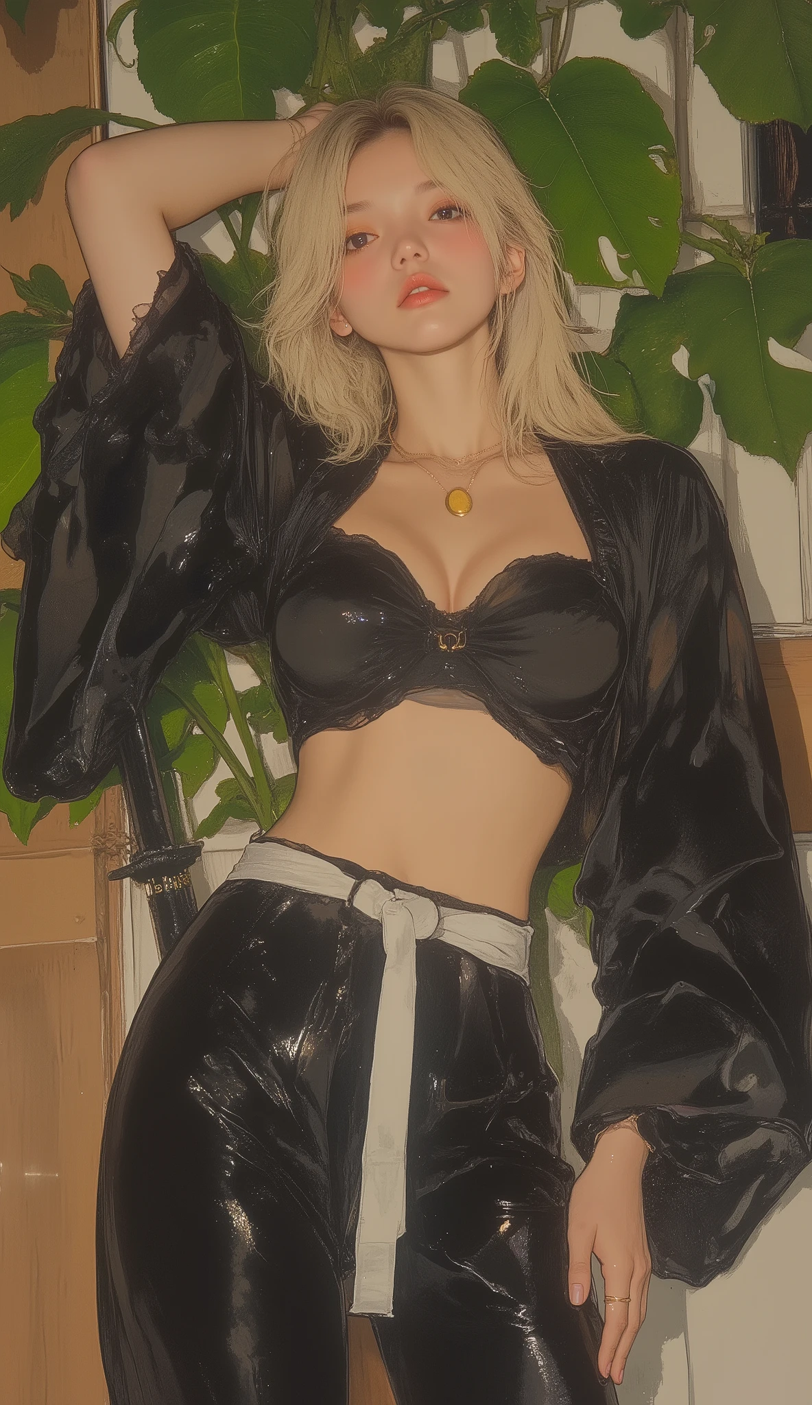 A woman standing confidently at the entrance, What is her pose Casual yet full of confidence. She is wearing a black kimono-style costume、wide sleeves、The white border contrasts with the dark fabric. A white sash is tied to the waist, makes a neat ribbon on the left side. her right hand rests on her waist, Her left arm is raised above her head, 's carefully selected ice cream . Her Long, Her blonde hair is styled in gentle waves, very big breasts、super big boobs、, and the bulge of her chest is visible from her open chest、suggests movement and styling of the. She is wearing a delicate gold necklace with a simple round pendant.She has a Japanese sword inserted into her waist、 A bright green plant with large leaves is visible in the background, Adding a touch of nature to the indoor setting. The lighting is soft and natural, The texture of her clothes and hair stands out, The overall vibe is gentle and sophisticated.