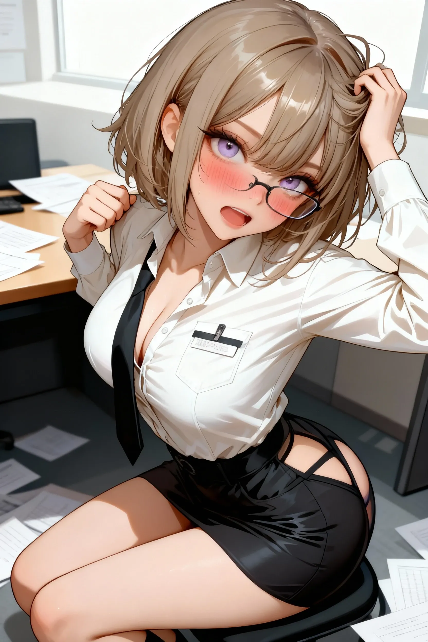 Browsing Caution,officeの床に座っている女性, Beautiful woman squatting,28 years old, attractive office lady,(Angle from the front), office,Light brown hair,Bob,Black jacket,White shirt,Cleavage,Spread your ????????? leg sitting pose,M字Spread your legsポーズ,Job hunting suit:1.5,???????,Close your eyes and open your mouth,??????, Black lace panties,High heels,Sweaty, Glowing Skin,Slim figure,Small ???????,((Cover your ?????? with your hands:1.3)),Flying pink heart symbol,Angle from below