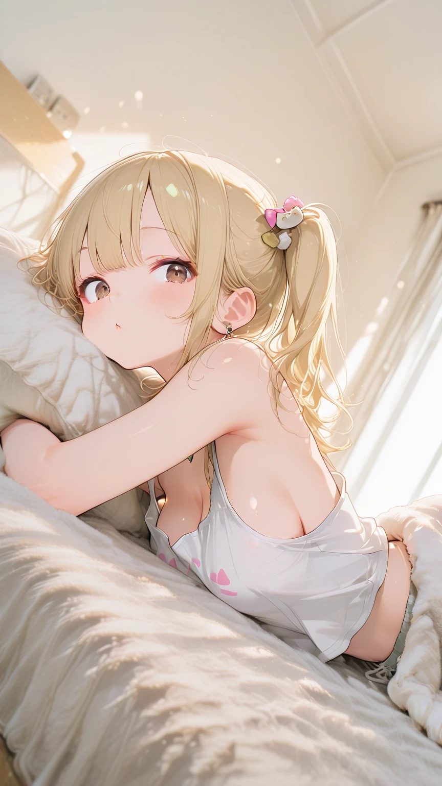 Junior high school and high school girl, raising both hands, white tank top shoulders visible, lower breasts protruding from tank top, Japanese-style room, inn, on futon, athletics, beautiful girl, short hair, clear white skin, blonde, small breasts, beautiful legs, red cheeks,  belly button, expression of defiance, lying on her back His eyes are open Composition viewed from directly above He is sweating profusely His whole body is visible His hair is wild and disheveled 
