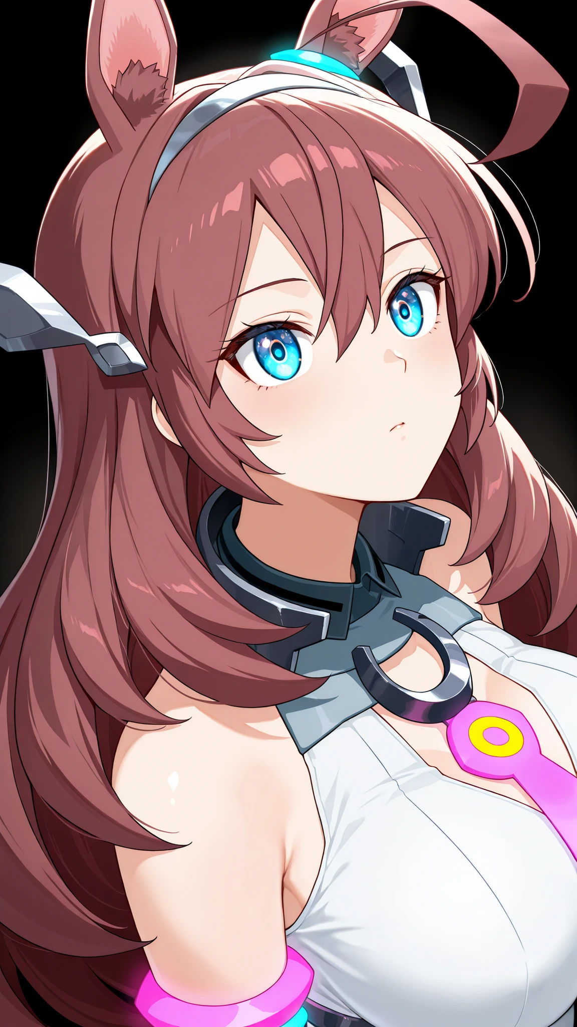 alone, 1 girl, Source Anime, Mihono Bourbon, long hair, dark brown hair, Blue Eye, Have ears, has a tail , Big Boobs, Put on a gray sleeveless shirt, put on jewelry, face up, , eyes and shining jewelry, The point where light falls on the face, Black background, close-up, high-angle image