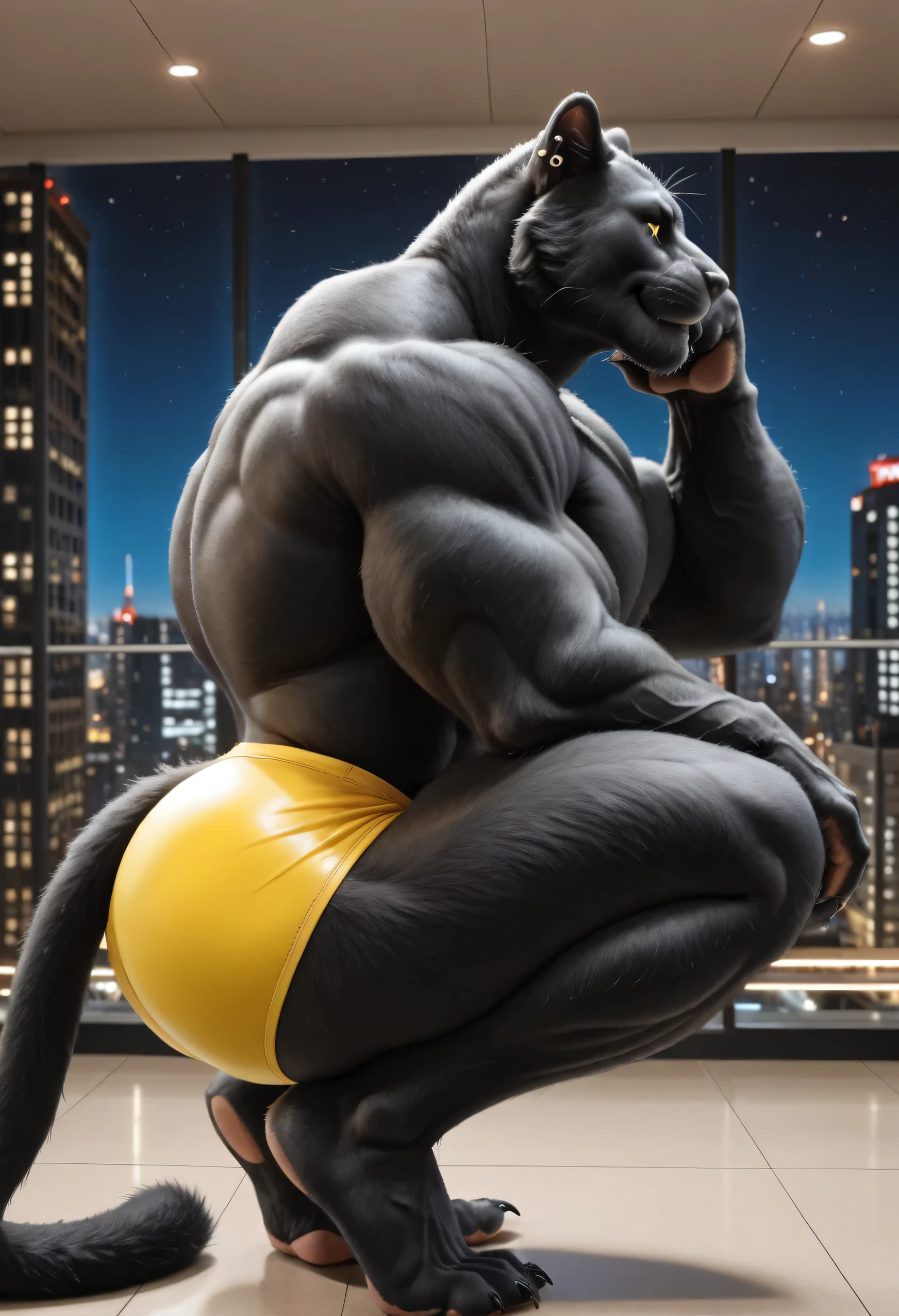 masterpiece, best quality, amazing quality, high quality, RAW photo, (Photorealistic Style), (Perfectly Correct Anatomy). (furry), (1boy), (Huge Adult Male muscular bara Black Panther Boss Koji from Fortnite), Himbo, Very Masculine, Huge Man, (Black Fur Body:1.4), (Black Fur:1.4), Black Black Panther Tail, Huge Hyper Veiny Bulging Muscle:2, Huge Bodybuilder Physique, Huge Bulging Pectoral, Huge Wide Broad Chest, Huge Bulging Abs, Huge Wide Broad Shoulders, Huge Wide Broad Back, Eight-Pack Abs, Huge Pecs, Protrusion, Huge Thick Legs, Strong Body. (Detail Glowing Yellow Eyes with narrow, vertical pupils, emission strictly limited to pupils), Black Sclera:1.4, Realistic Detail Bara Chiseled Male Black Panther Handsome Rugged Boss Koji Face:1.6, strong square jawline, chiseled cheekbones, tough appearance, hairy chest, hairy back, hairy legs, hairy thighs, hairy arms, pubic hair, Huge muscular butt:2. Ear Piercings, Rings, realistic human hands, (Natural Palms Color:1.4), (5 fingers:1.2), Black Claws, (Realistic human feet), (5 toes:1.2), (Natural Soles of Feet Color:1.4), (huge size 20 feet:1.4), (10 feet tall:1.4). In a (Realistic In a High-rise Penthouse Lounge – Overlooking the Neon-lit Mega City, dimly lit), (Solo), looking at the viewer:1.6, (side view:1.8, facing to the side:1.8), (squatting:1.8), on his back on the ground, both legs are raised mid air, showing his soles of feet, (feet focus:1.4), hand on his own cheek, focus face, close up face, smug smirk. (Wearing a small tight transparent Yellow Brief:1.4), Uncensored, Huge Bulge, (Puffy Nipples).