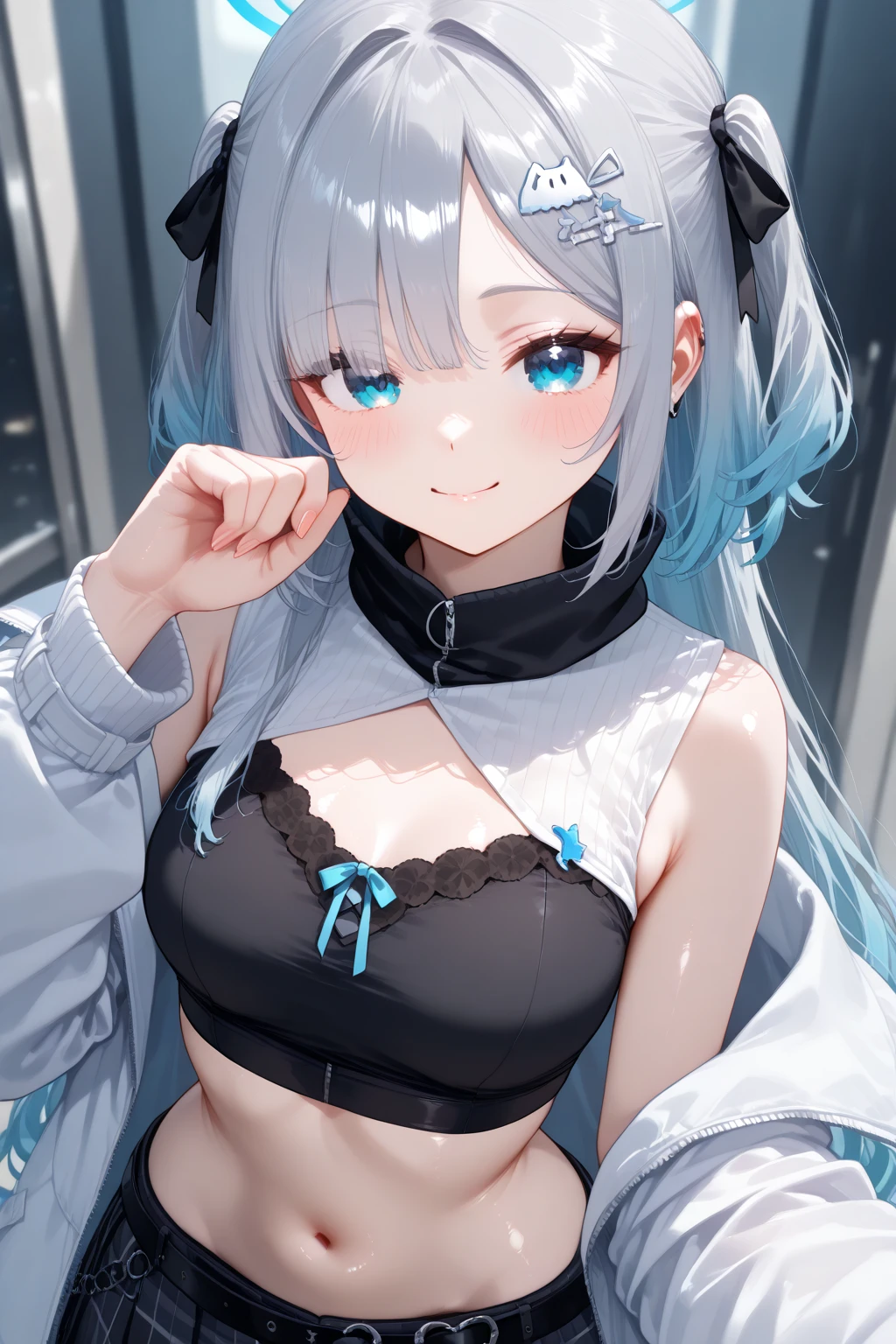 beautiful, masterpiece, Highest quality, anime, One girl, C Cup,Portrait Shot, View your viewers, Covered、Short Hair、nearby、Blue Eyes、art、、White hair,Blue streaked hair、wallpaper、hairpin、Cute smile、Thighs、Sci-fi hair accessories、Sci-fi knee-high boots、Cute、Sci-fi body stockings、blue sky、、Beautiful breasts、

