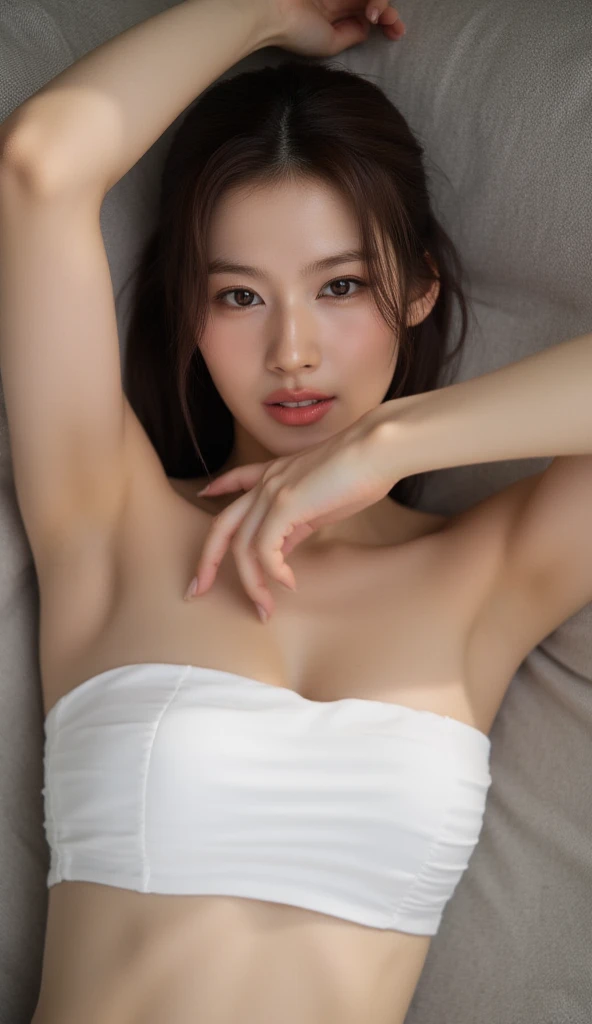 ((1girl)), in , instant camera flash, pose at bedroom with garden as a background, makeup with glossy lip, small breasts, (girl in the bedroom:1.4), various angle, ((faced focus)), 22 years old, Beautiful Japanese Girl, standing pose, (:1.4), realistic light, realistic skin tone, (Jisoo Blackpink)
