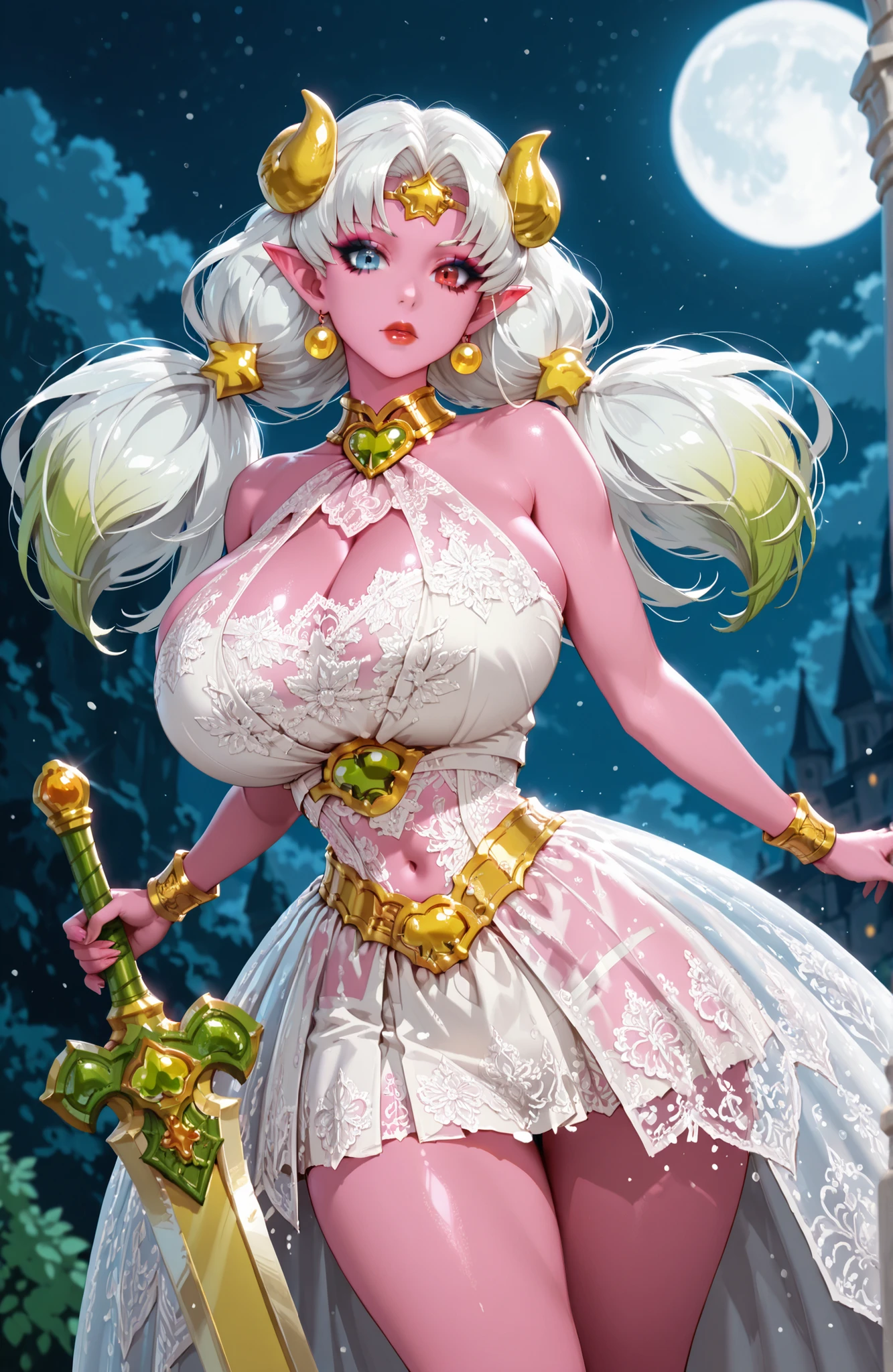 cancerprincess,Tiefling, 1girl, , demon horns, pointy ears,white dress, ball gown , white highheels, (see-through), ,Athletic build, tall figure, long ears, red eyes, tiefling girl, holding a large luminous sword, white hair, fantasy world,pink skin, short crop top overhang, micro skirt, navel, bare shoulders, detailed eyes, depth of field, subject focus, masterpiece, best quality, high quality, absurd, high definition, solo, long hair, blue eyes, eyeliner, makeup, lipstick, curvy body, gigantic breasts, ethereal beauty,huge breasts, luminous runic patterns, cwboy shot, looking at viewer, action pose, dynamic pose, dynamic angle, outdoors, night, white moon, epic detalied , cowboy shot
повторное использование подсказок
