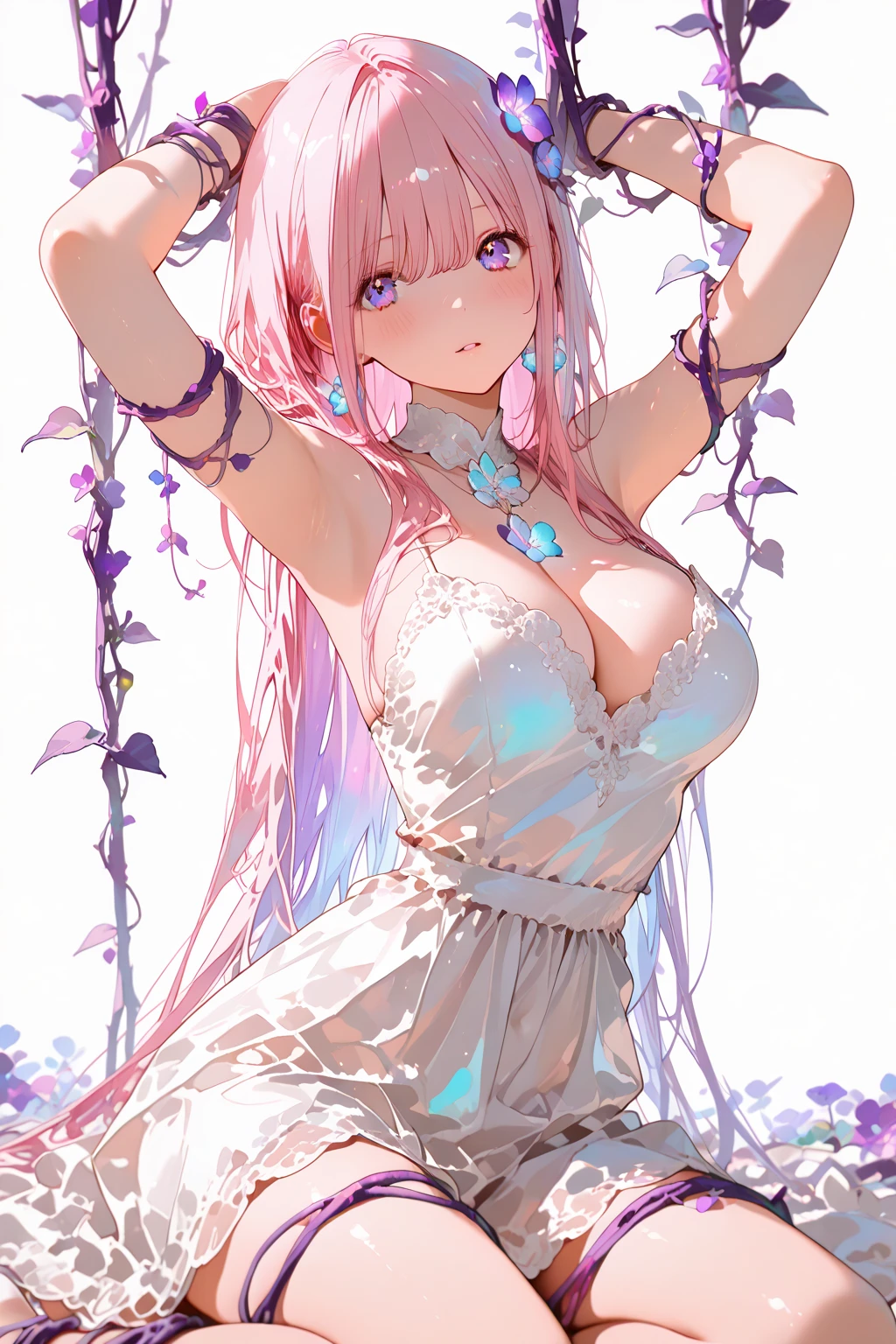 (top quality)),(ultra high resolution),(Super detailed細),(detailed description),((the most picturesque works of art),super precision art,amazing art of depiction,fantasy art:1.5, ((Beautiful flowers々:1.5)), (Body eroded by flowers:1.0),glamorous body:1.3,fancy background effects、masterpiece、fancy details、(NSFW 1.1), ((1 girl)), ((muste piece)), ((extremely detailed:1.3)), in crystal clear water,beautiful woman entering the lake, ((long pink hair)), wet hair, Wearing a light transparent dress, Bathing clothed, steam, (Rose petals floating in water:1.3), early morning light, ivory gold AI, windows, crepuscular lighting, 、see-through lace underwear、very huge boobs、Pink nipples、pink areola，透けて見えるPink nipples、透明なpink areola、lace and string shorts.、princess carry,Sexy lingerie with lace and strings,See-through sexy lingerie,transparent lingerie、translucent dress、pearlescent、pearl、sexy harness、sexy garter belt、sexy stockings、Arranged,intimate, rose garden、colorful roses、lake with floating roses、lying down、open legs、spread your legs、open thighs、soak in water、wet body、splash of water、gorgeous flower decoration、big flower、stylish hair、the moon, Lantern, night time, solo, water play, The water, hair flower, flower, Outdoors, sky porn, full the moon, Shigure, Lantern, clothes soaked in water, sky porn, wet hair (((muste piece),(Highly detailed CG Unity 8K wallpaper),best quality,cinematic lighting,detailed background,beautiful detailed eyes,bright pupils, (very delicate and beautiful),(Beautiful and detailed eye description)， Super detailed,muste piece,)),((Crimson eyes))、greenhouse、garden、temple、